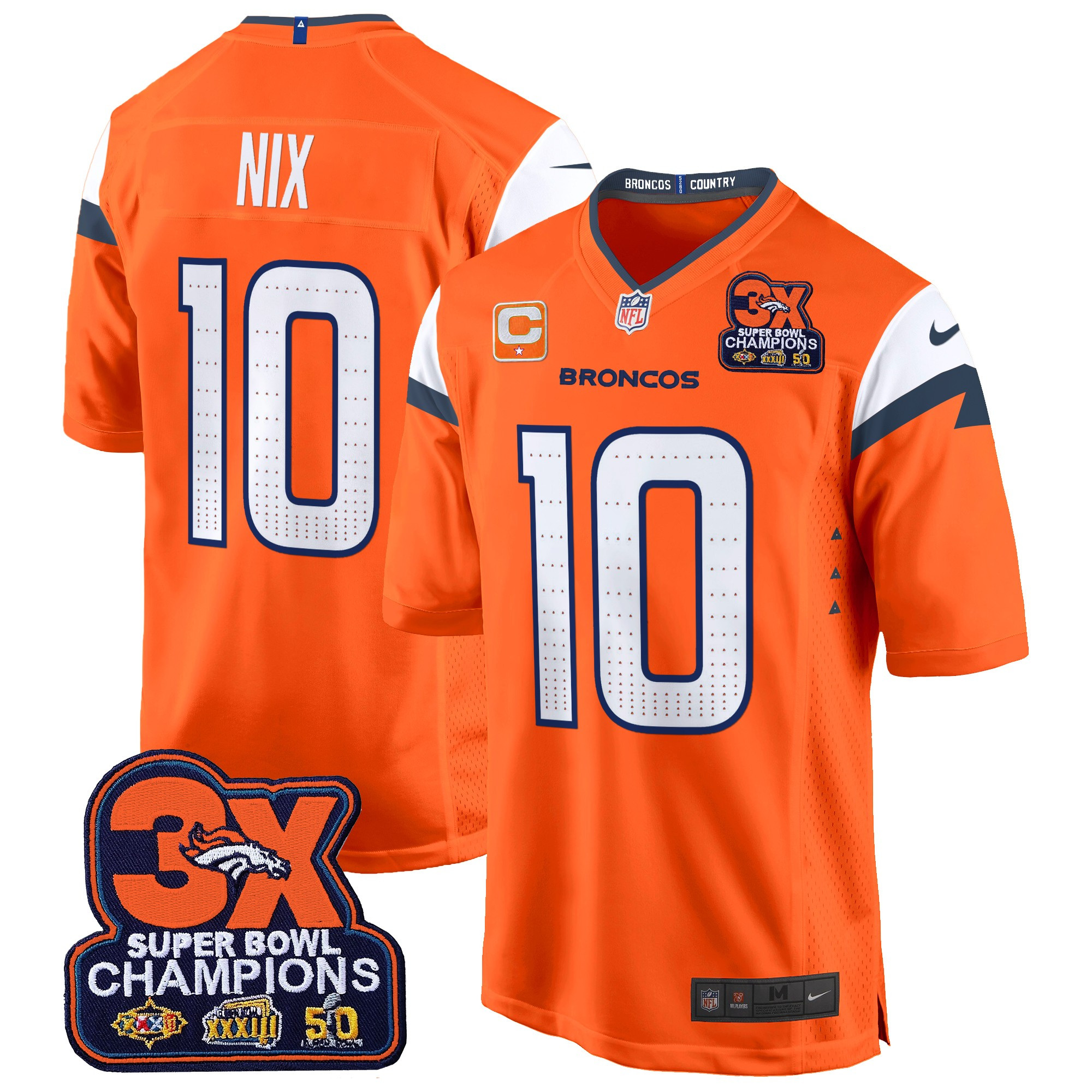 Men's Bo Nix Denver Broncos 3-Time Champions Patch Game Orange Jersey - All Stitched