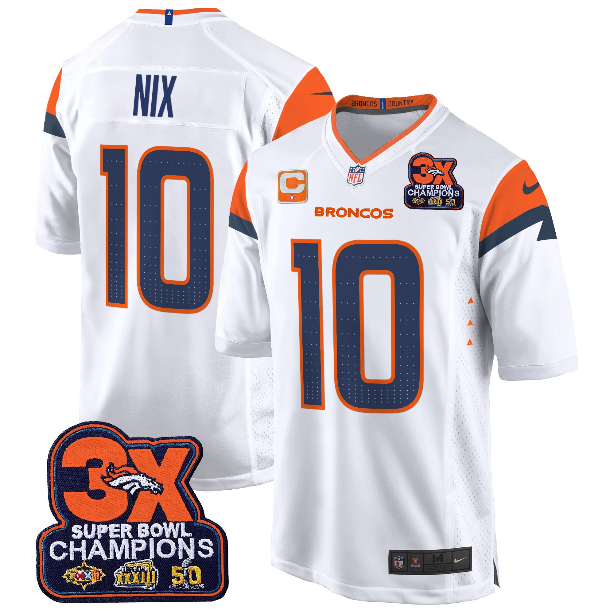 Men's Bo Nix Denver Broncos 3-Time Champions Patch Game White Jersey - All Stitched