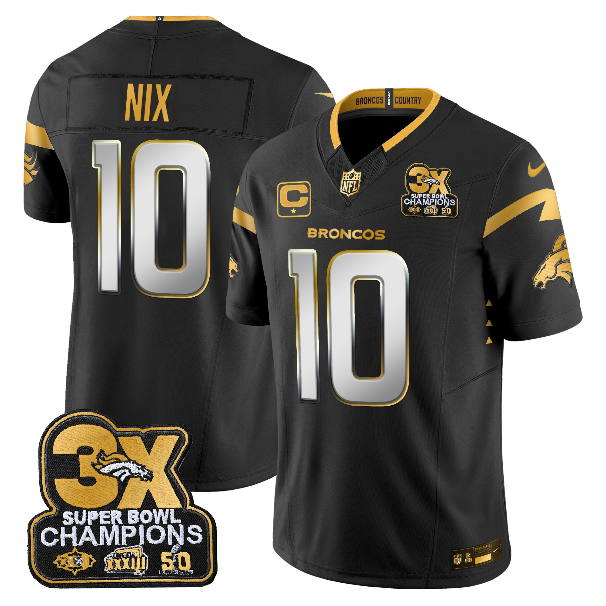Men's Bo Nix Denver Broncos 3-Time Champions Patch Gold Vapor Limited Black Limited Jersey - All Stitched