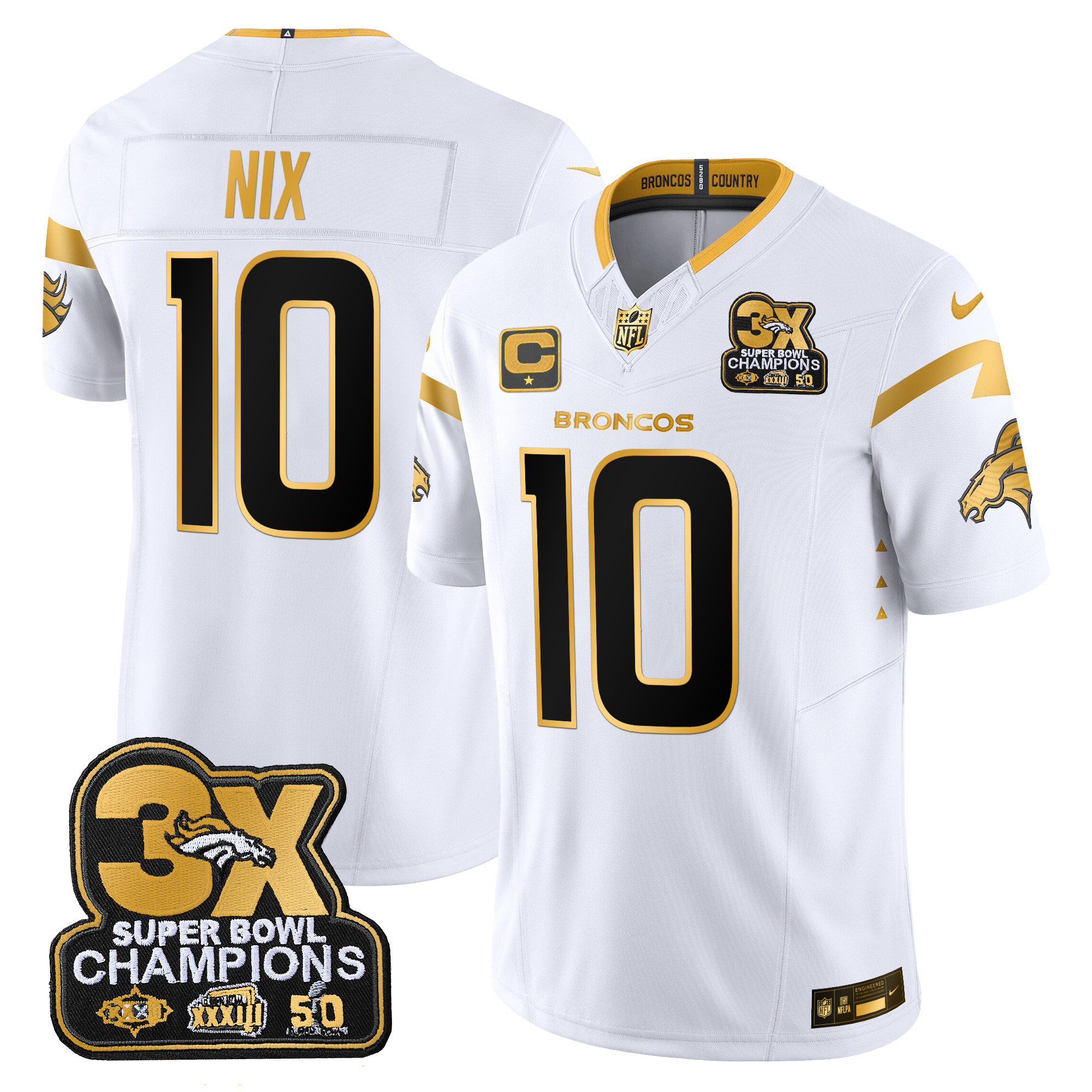 Men's Bo Nix Denver Broncos 3-Time Champions Patch Gold Vapor Limited White Gold Jersey - All Stitched
