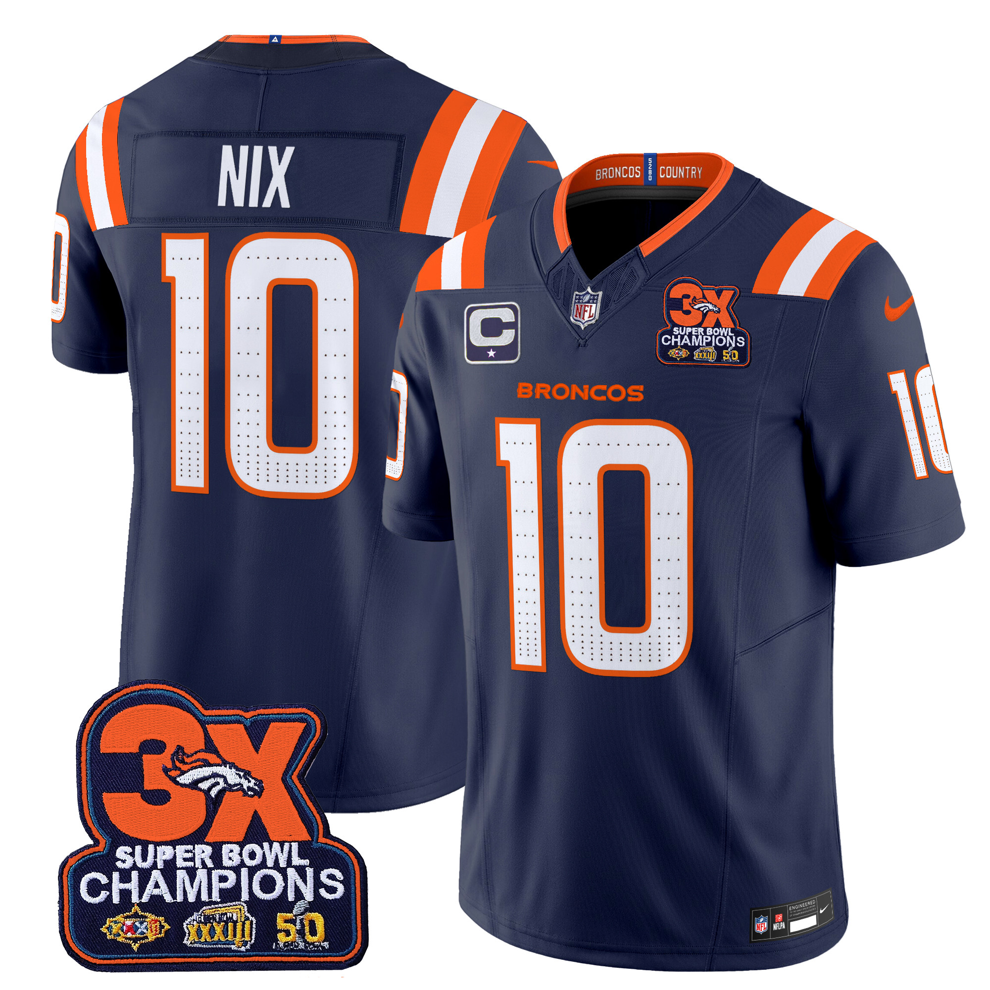 Men's Bo Nix Denver Broncos 3-Time Champions Patch Vapor Limited Navy Jersey - All Stitched