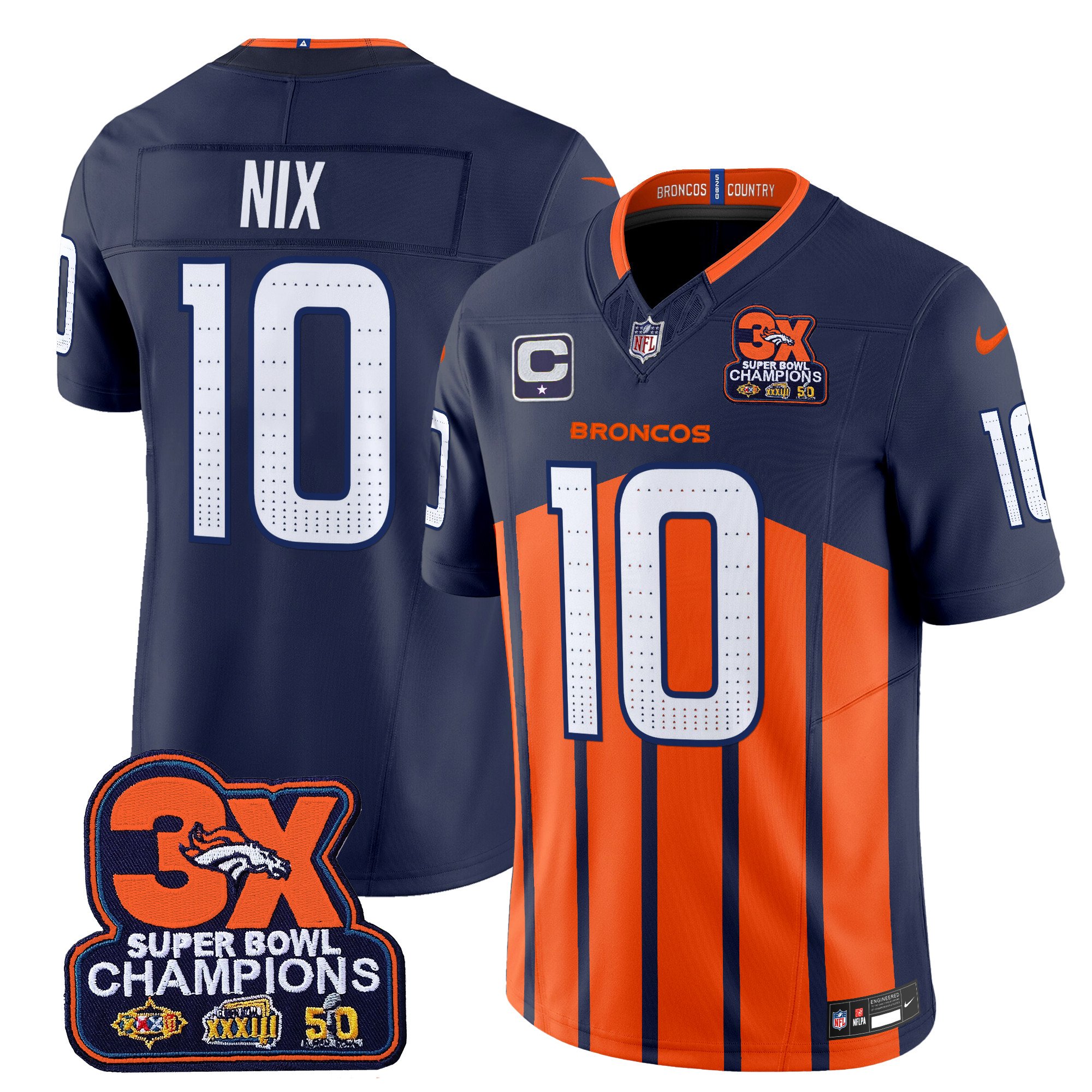 Men's Bo Nix Denver Broncos 3-Time Champions Patch Vapor Limited Navy Special Jersey - All Stitched