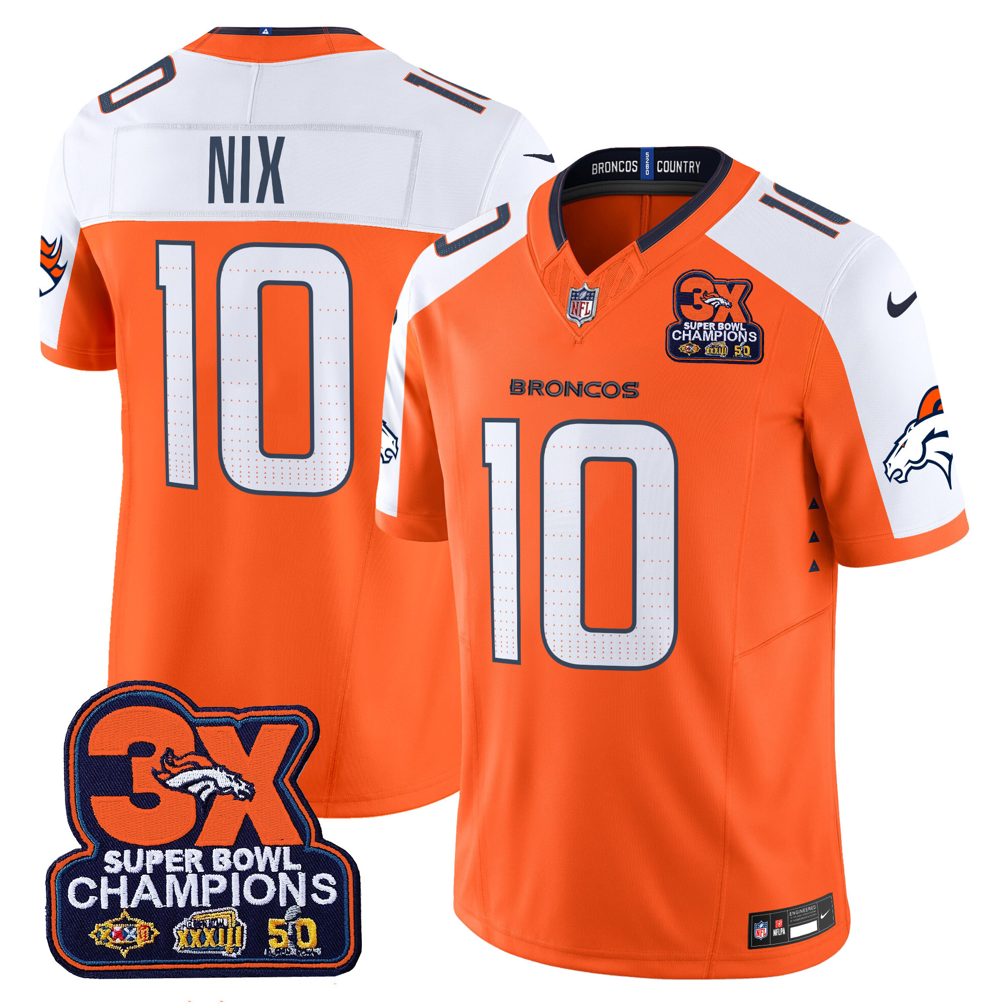Men's Bo Nix Denver Broncos 3-Time Champions Patch Vapor Limited Orange Alternate Jersey - All Stitched