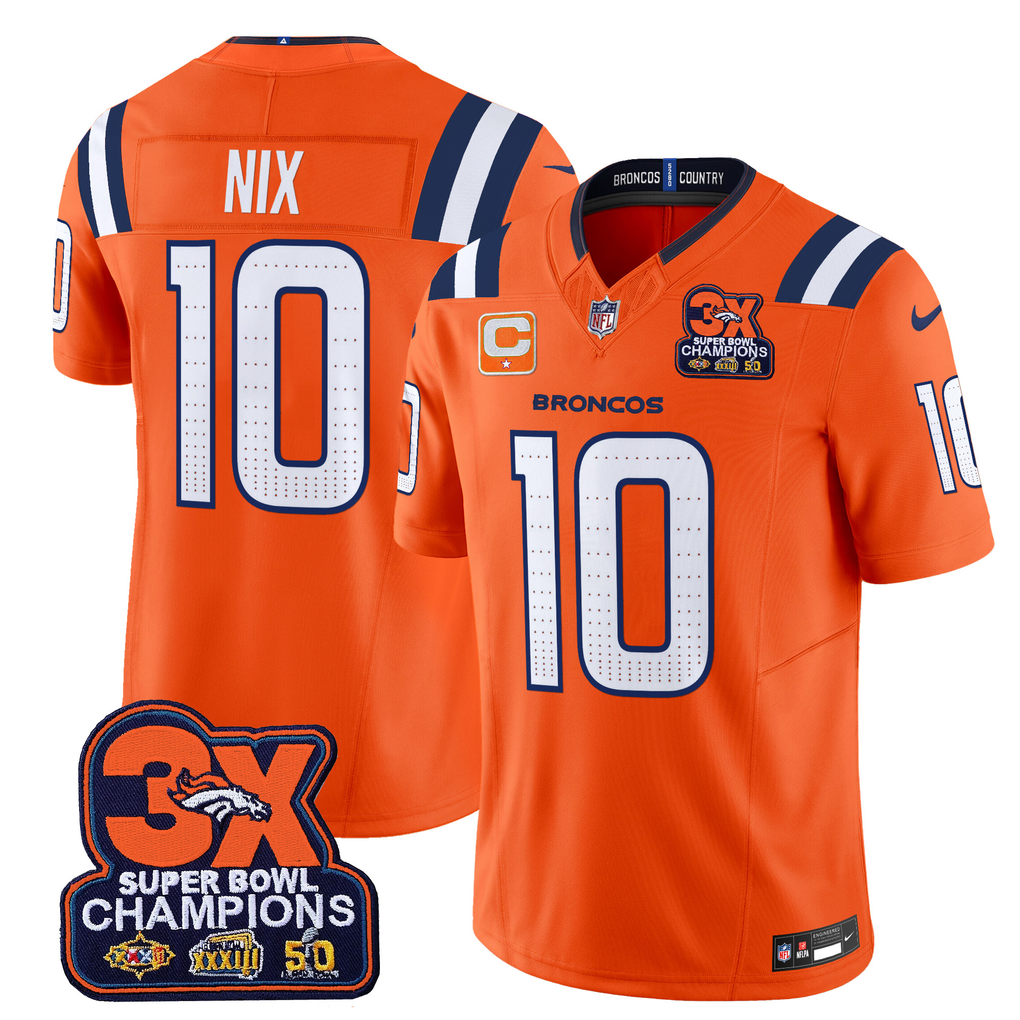 Men's Bo Nix Denver Broncos 3-Time Champions Patch Vapor Limited Orange Jersey - All Stitched