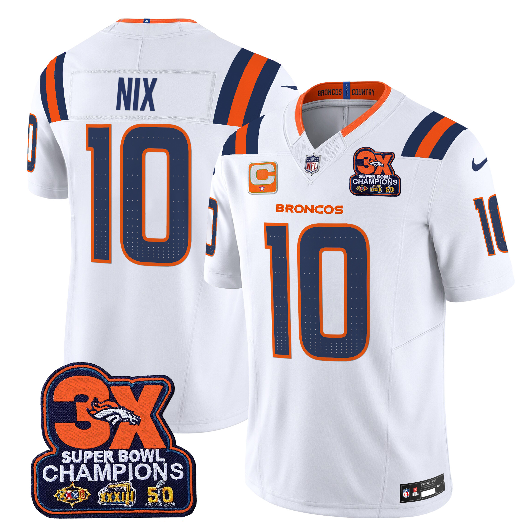 Men's Bo Nix Denver Broncos 3-Time Champions Patch Vapor Limited White Jersey - All Stitched