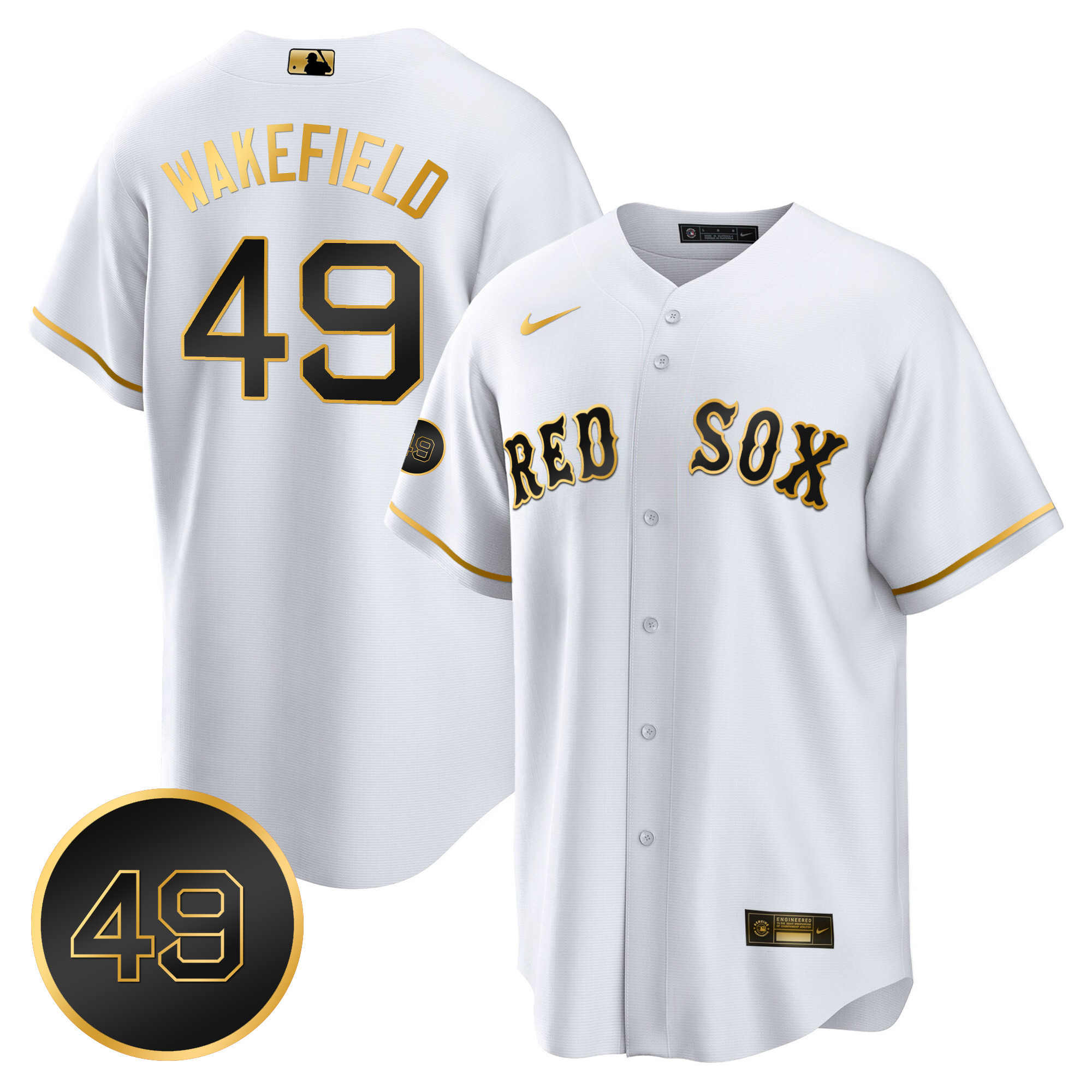 Men's Boston Red Sox #49 Tim Wakefield Patch Cool Base White Gold Jersey - All Stitched