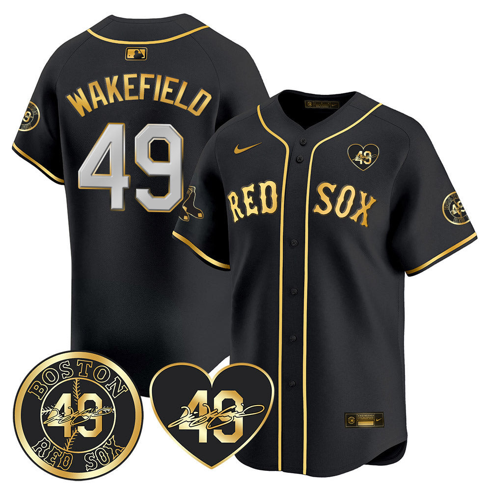 Men's Boston Red Sox Tim Wakefield Memorial Patch Vaper Premier Limited Black Gold Jersey - All Stitched