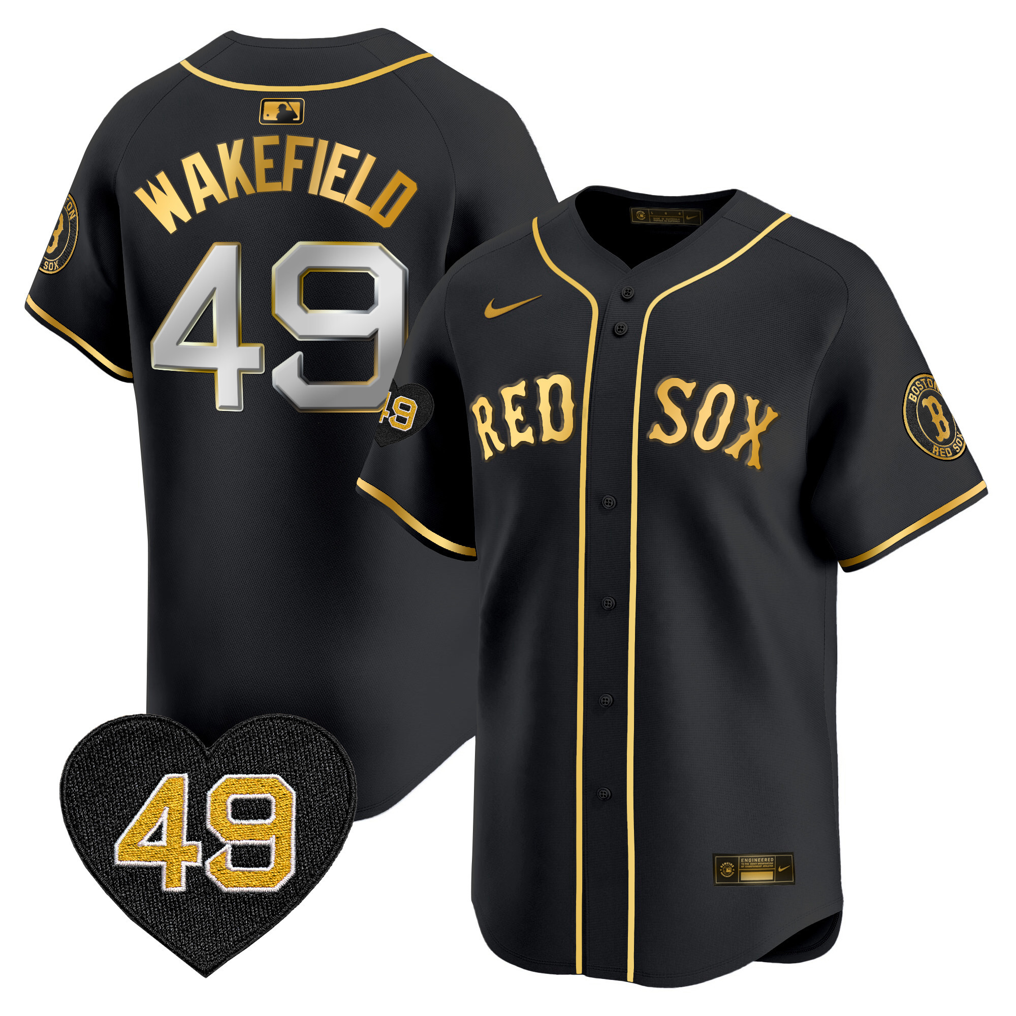Men's Boston Red Sox Tim Wakefield Patch Vapor Premier Limited Black Gold Jersey - All Stitched