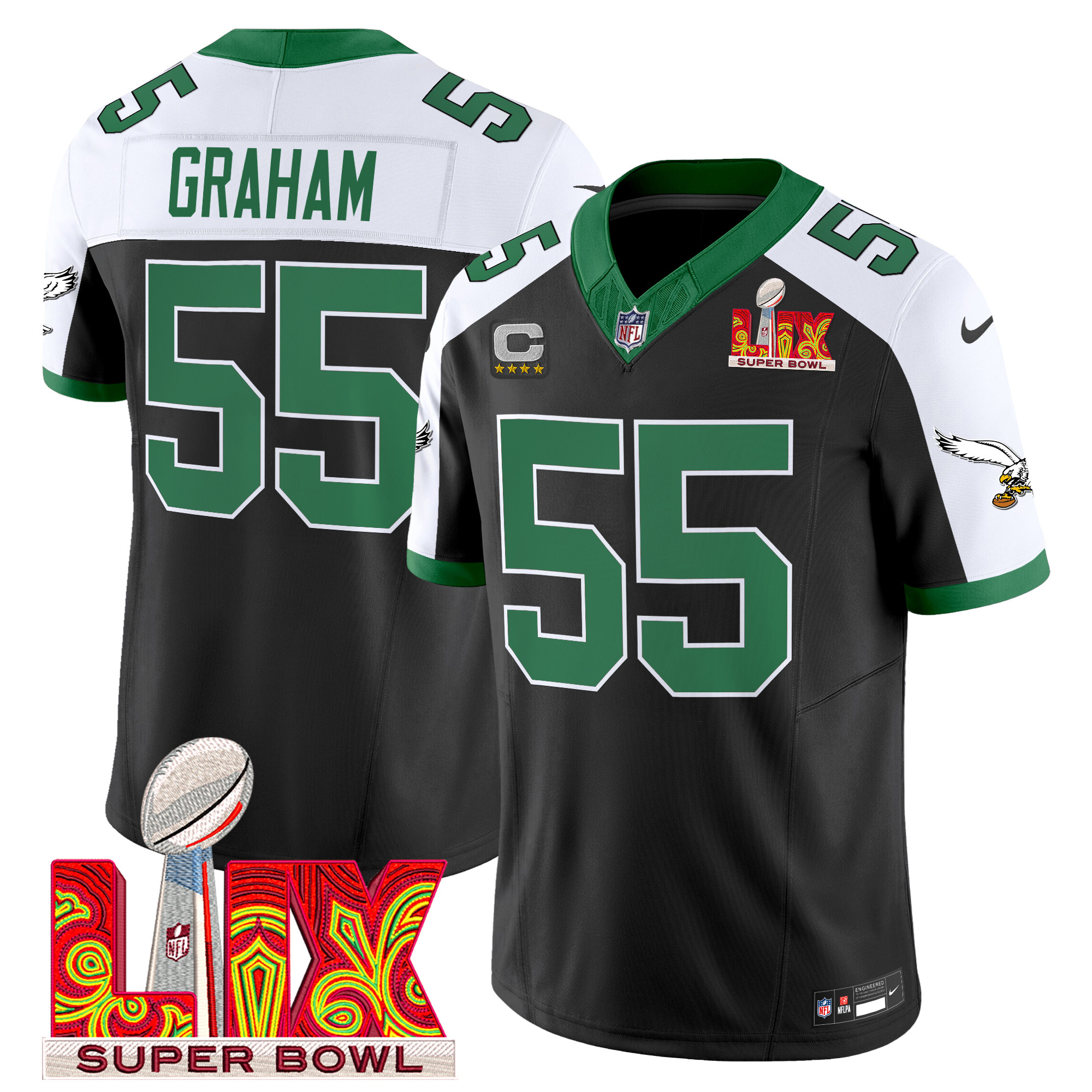 Men's Brandon Graham Philadelphia Eagles Kelly Green Super Bowl LIX Patch Vapor Limited Black Alternate Jersey - All Stitched