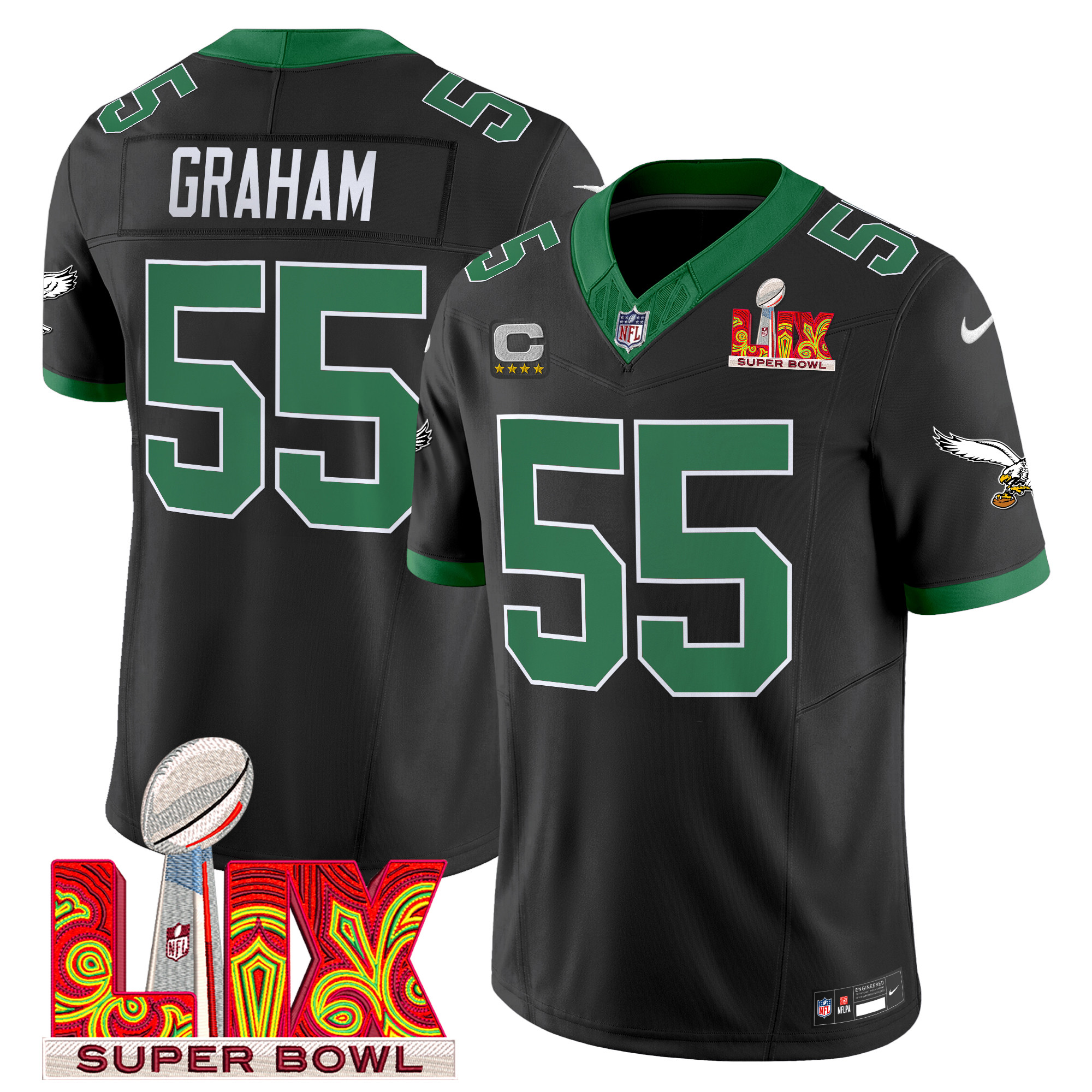 Men's Brandon Graham Philadelphia Eagles Kelly Green Super Bowl LIX Patch Vapor Limited Black Jersey - All Stitched