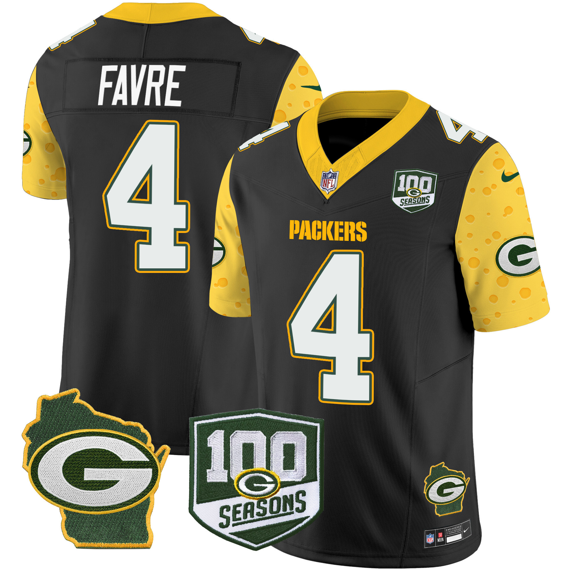 Men's Brett Favre Green Bay Packers 100th Season & Home Patch Cheese Vapor Limited Black Jersey – All Stitched