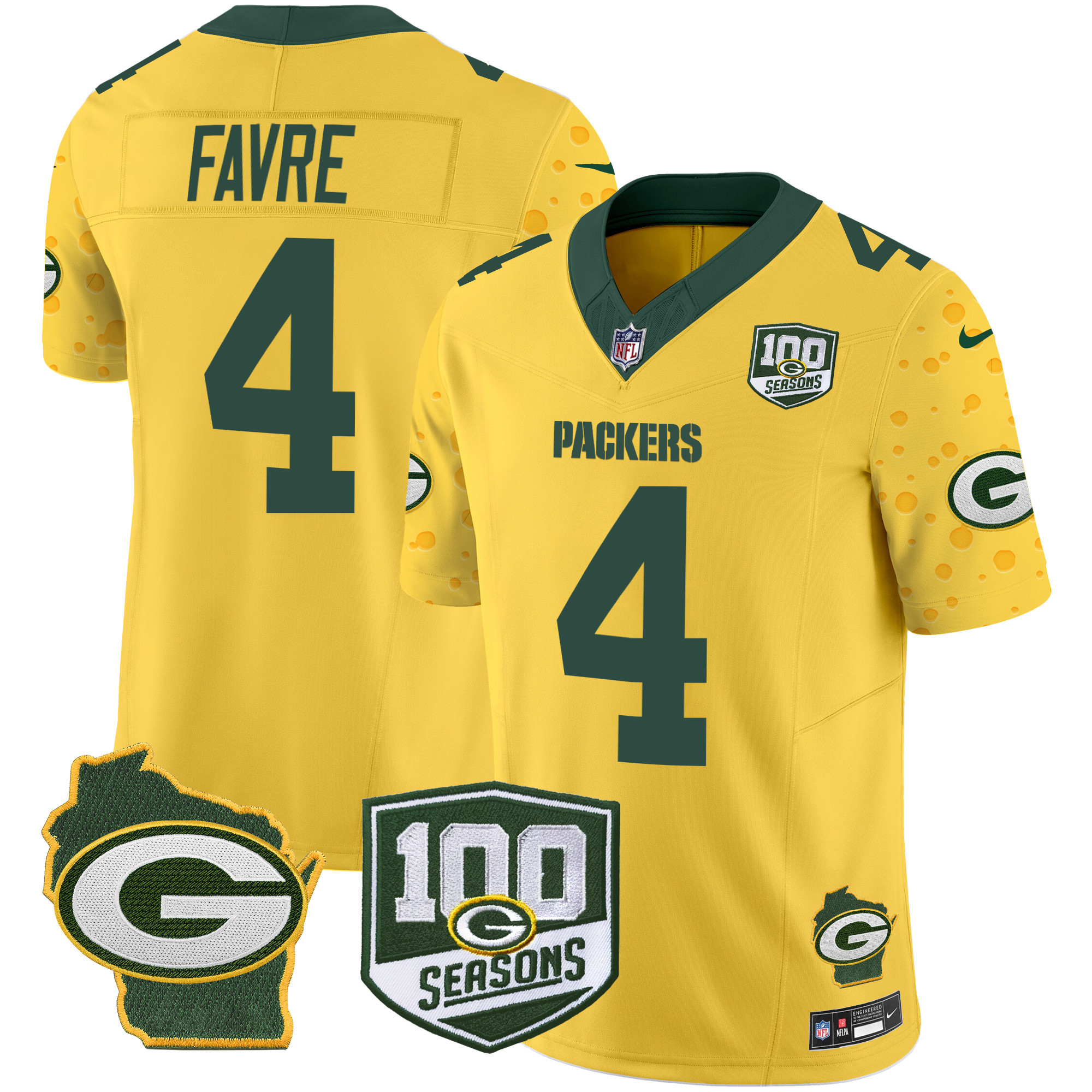 Men's Brett Favre Green Bay Packers 100th Season & Home Patch Cheese Vapor Limited Gold Jersey – All Stitched
