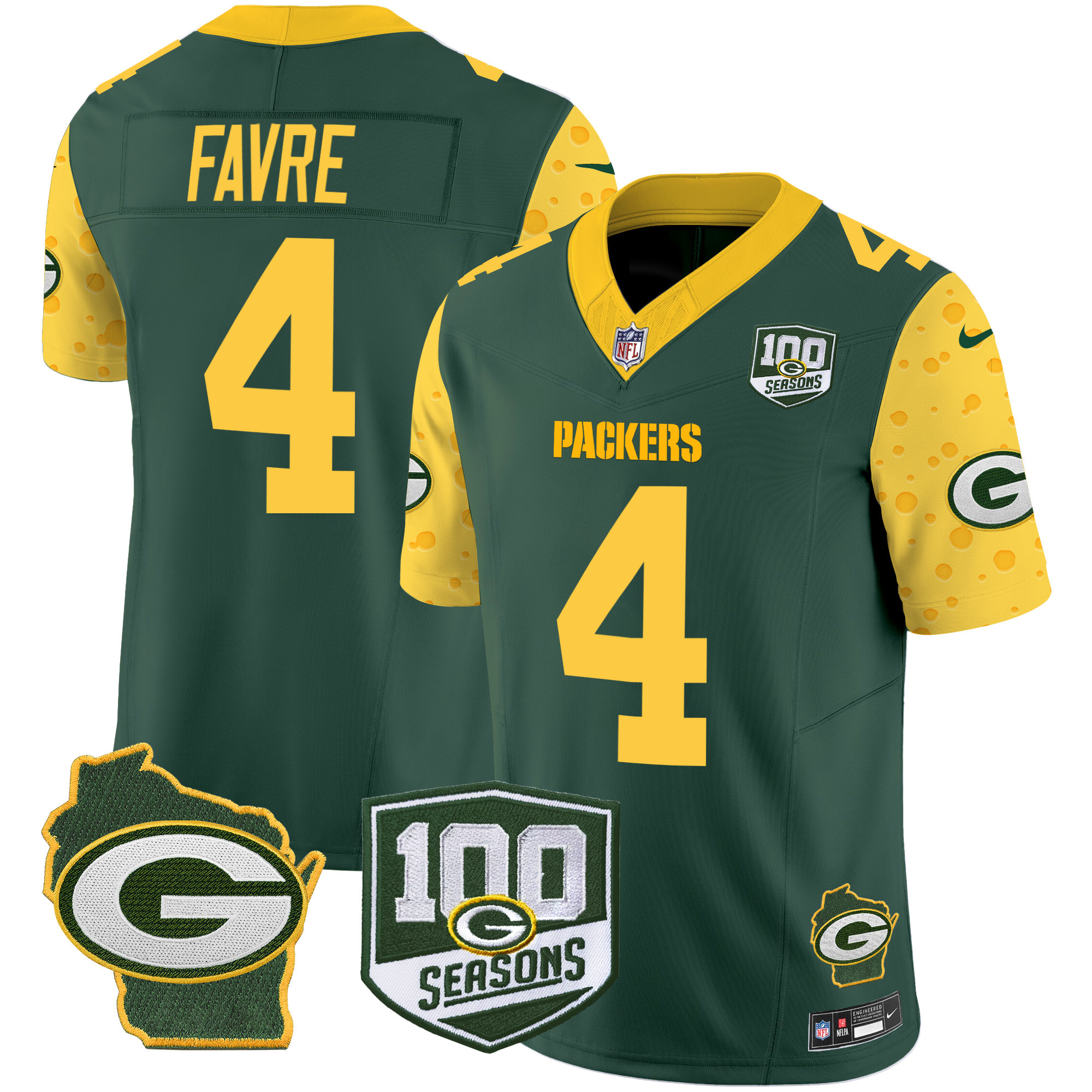 Men's Brett Favre Green Bay Packers 100th Season & Home Patch Cheese Vapor Limited Green Jersey – All Stitched