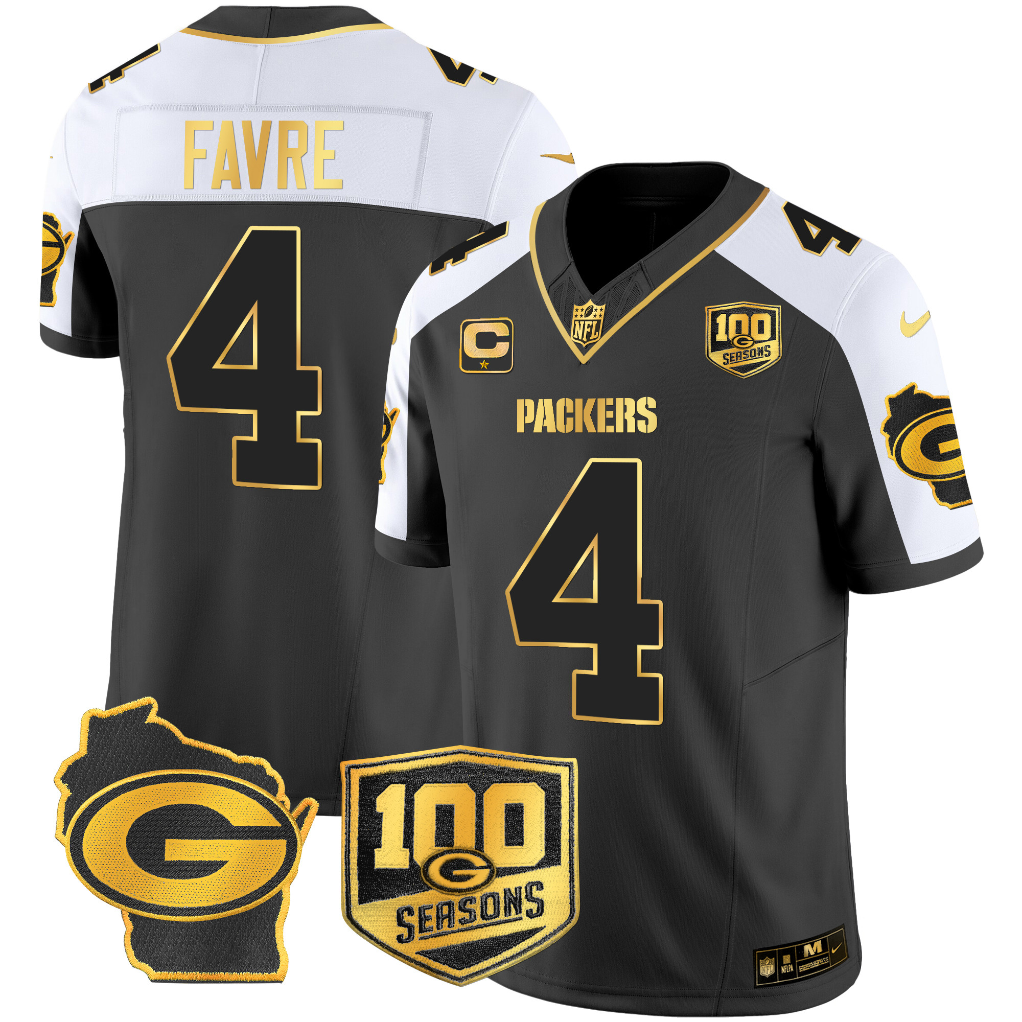 Men's Brett Favre Green Bay Packers 100th Season & Home Patch Gold Vapor Limited Alternate Jersey – All Stitched
