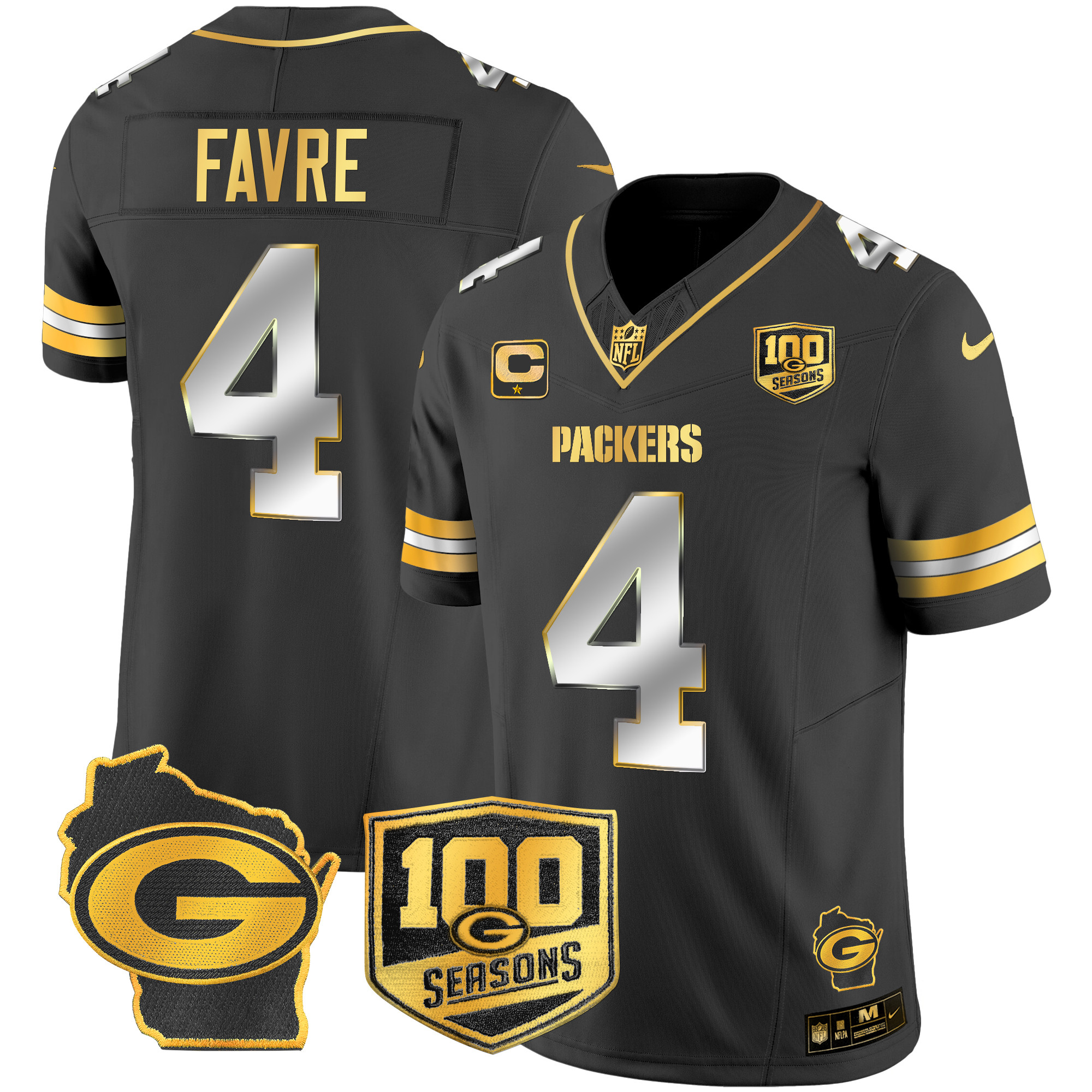 Men's Brett Favre Green Bay Packers 100th Season & Home Patch Gold Vapor Limited Black Limited Jersey – All Stitched