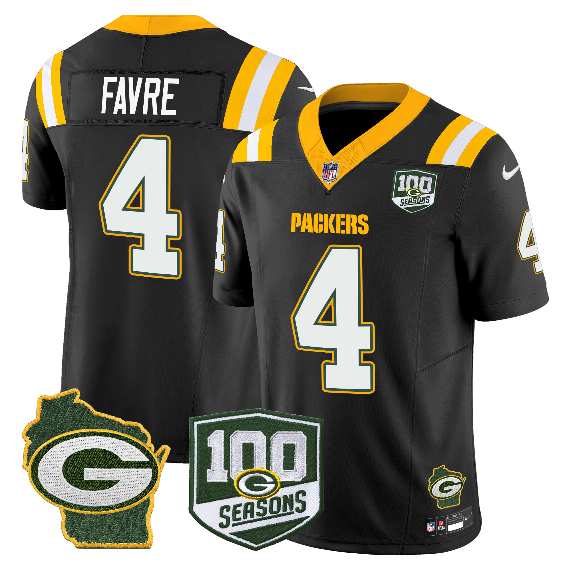 Men's Brett Favre Green Bay Packers 100th Season & Home Patch Vapor Limited Black Jersey - All Stitched