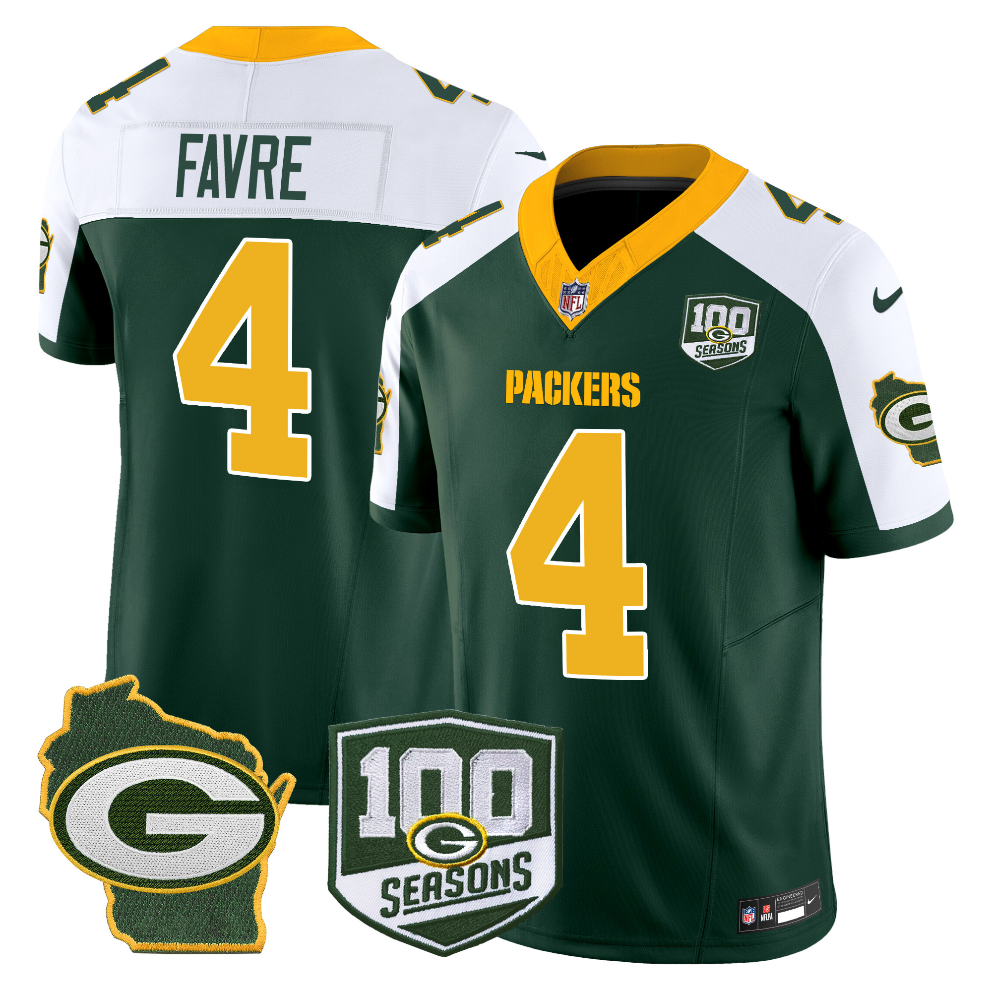 Men's Brett Favre Green Bay Packers 100th Season & Home Patch Vapor Limited Green Alternate Jersey - All Stitched