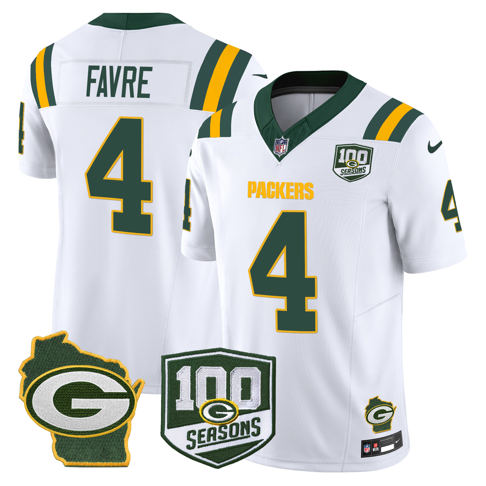 Men's Brett Favre Green Bay Packers 100th Season & Home Patch Vapor Limited White Jersey - All Stitched