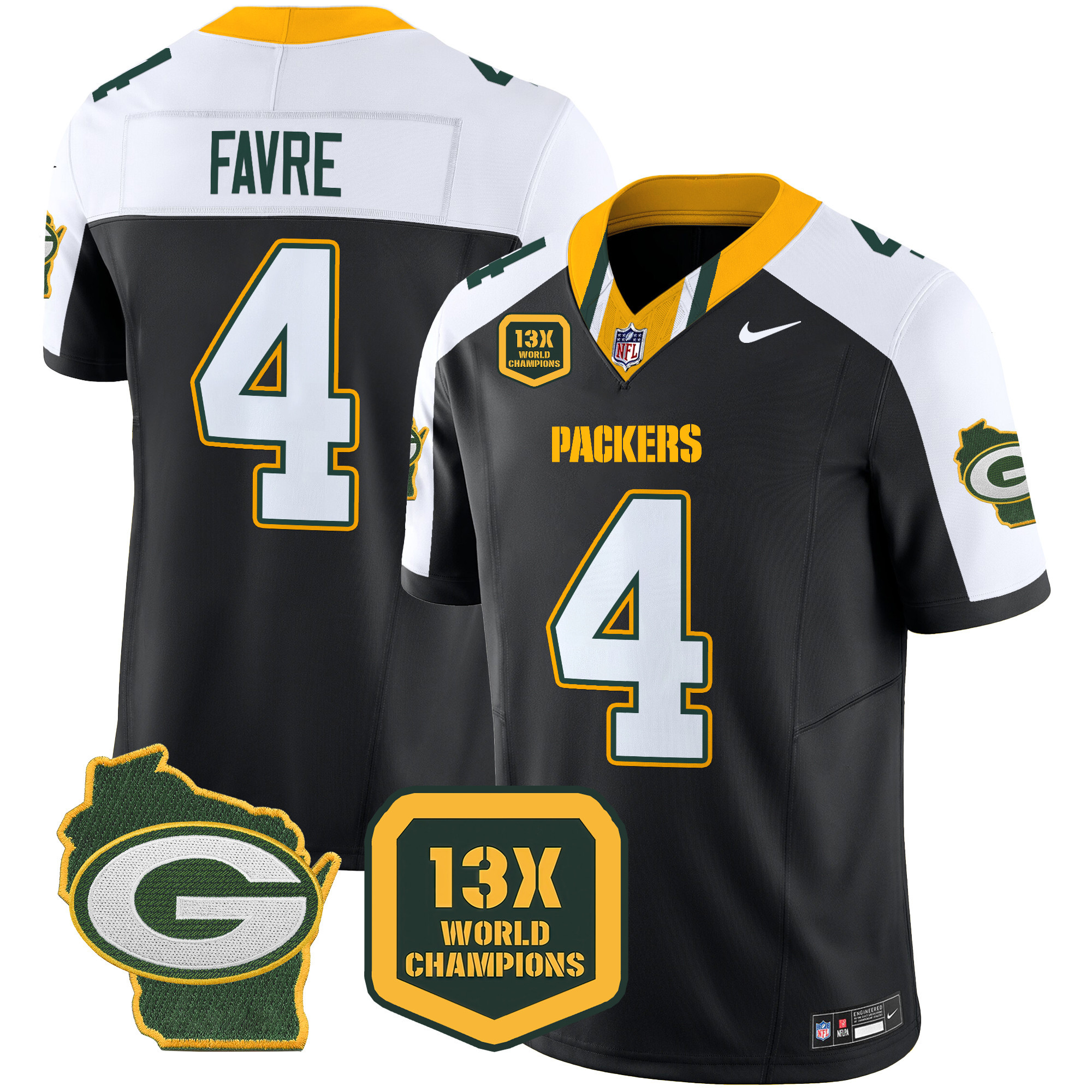 Men's Brett Favre Green Bay Packers 13 Time World Champions & Home Patch Vapor Limited Black Alternate Jersey – All Stitched