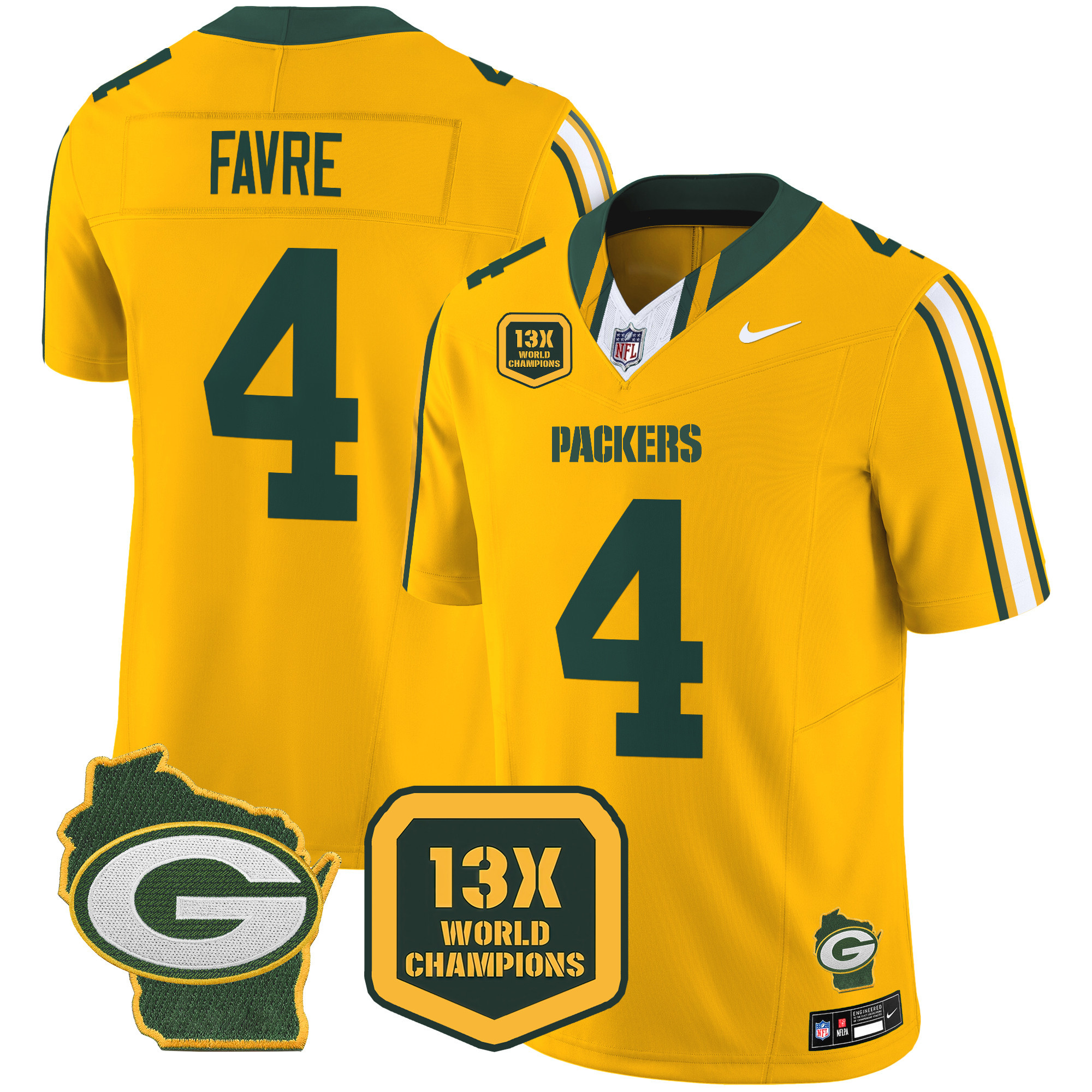 Men's Brett Favre Green Bay Packers 13 Time World Champions & Home Patch Vapor Limited Gold Jersey – All Stitched