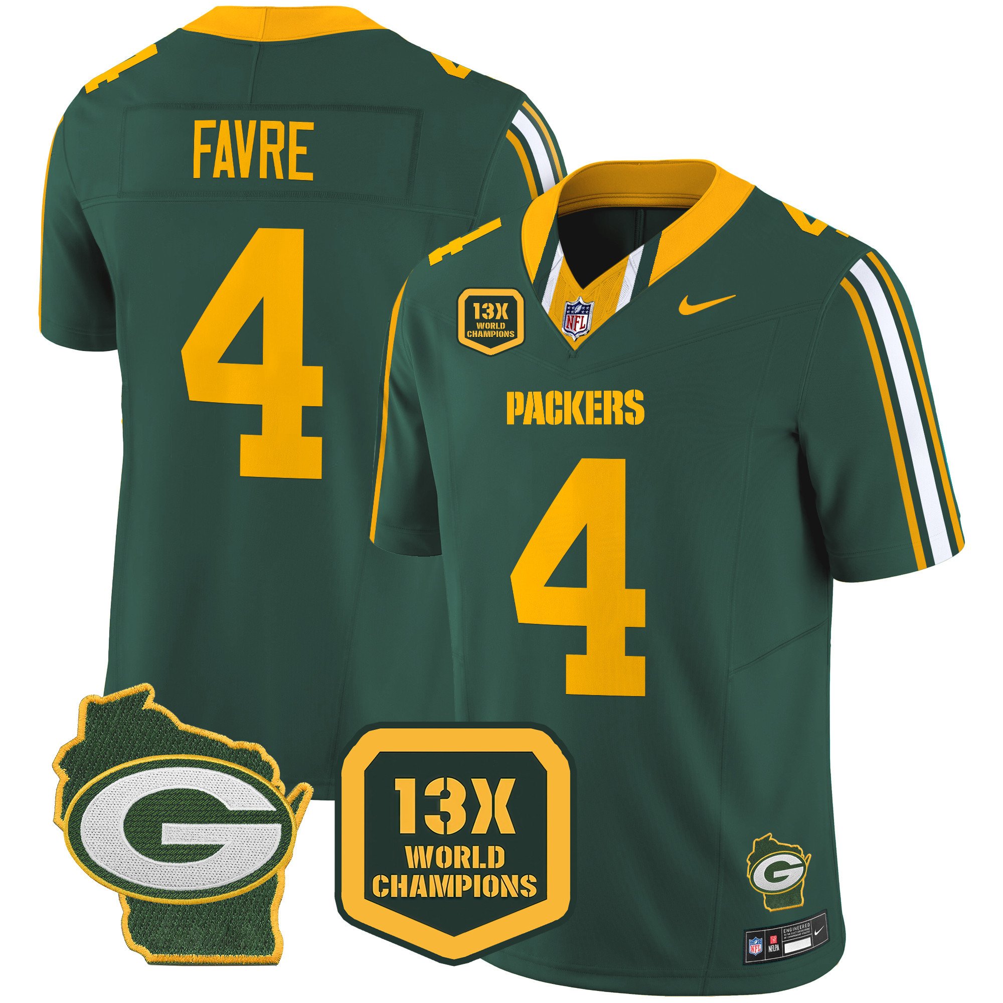 Men's Brett Favre Green Bay Packers 13 Time World Champions & Home Patch Vapor Limited Green Jersey – All Stitched