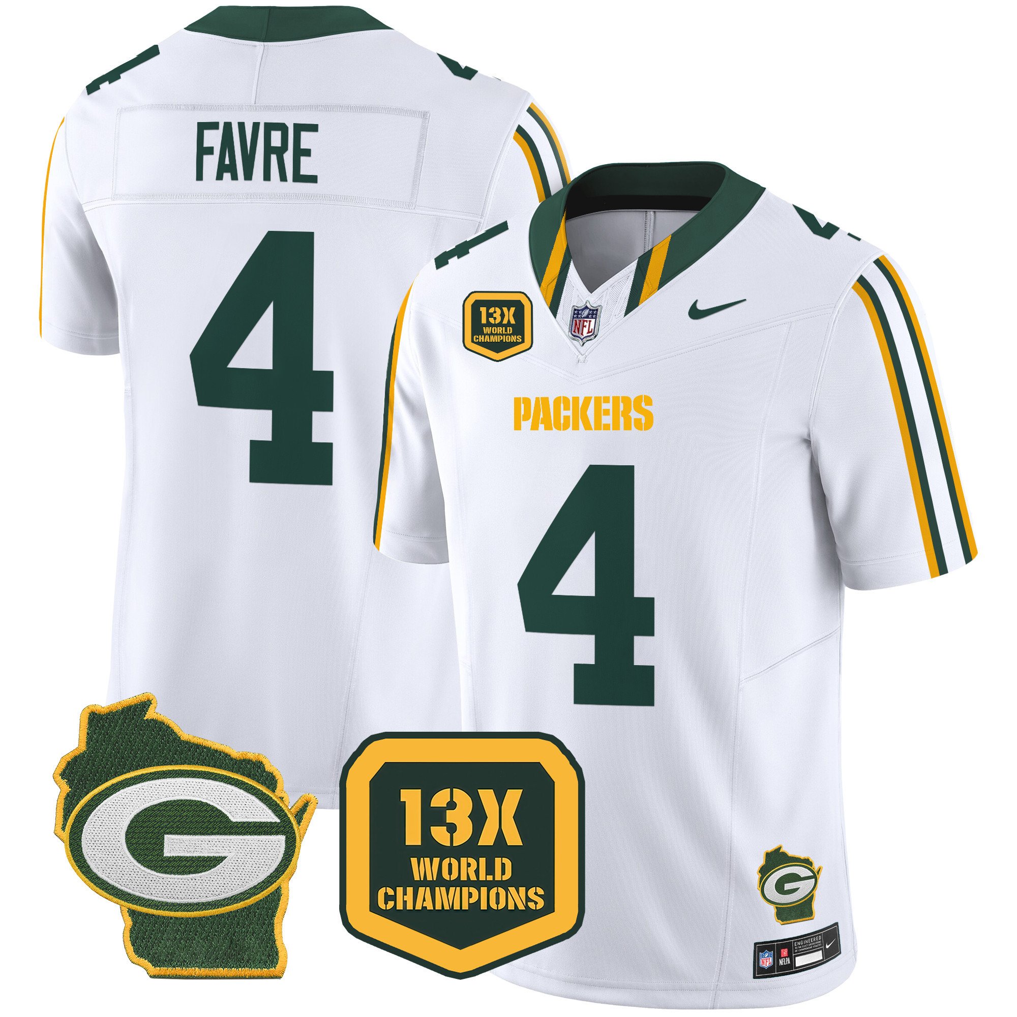 Men's Brett Favre Green Bay Packers 13 Time World Champions & Home Patch Vapor Limited White Jersey – All Stitched