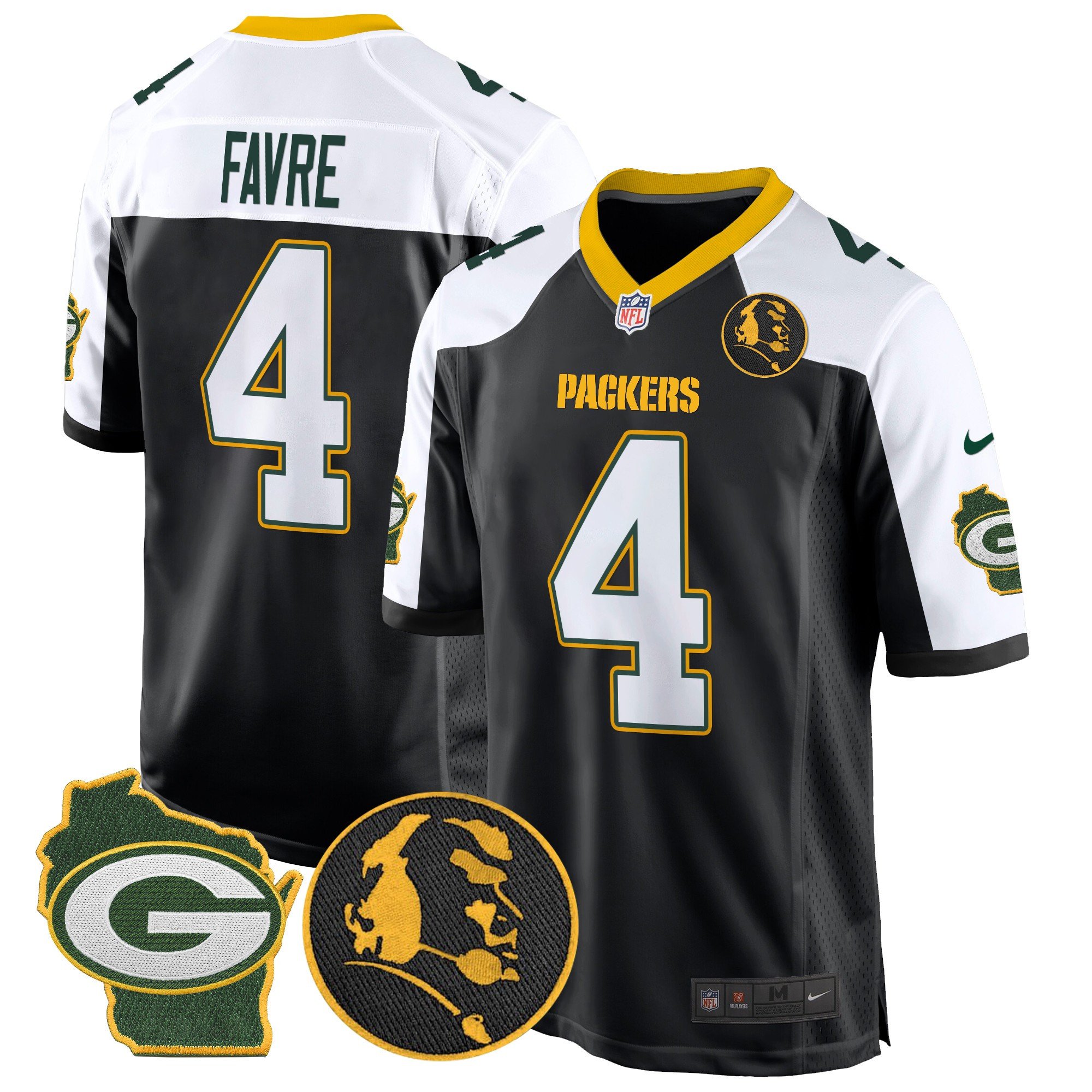Men's Brett Favre Green Bay Packers John Madden & Home Patch Game Black Alternate Jersey - All Stitched