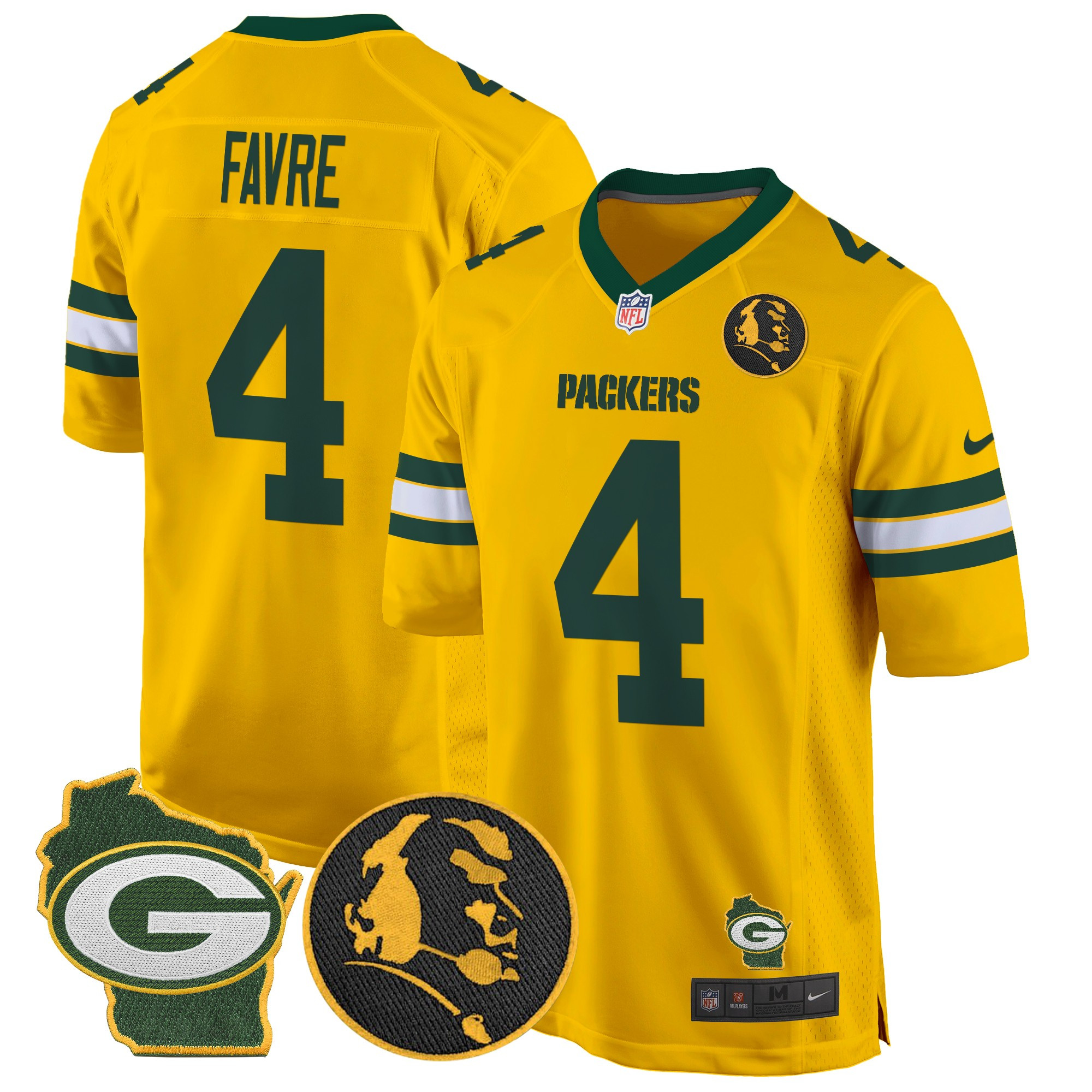Men's Brett Favre Green Bay Packers John Madden & Home Patch Game Gold Jersey - All Stitched