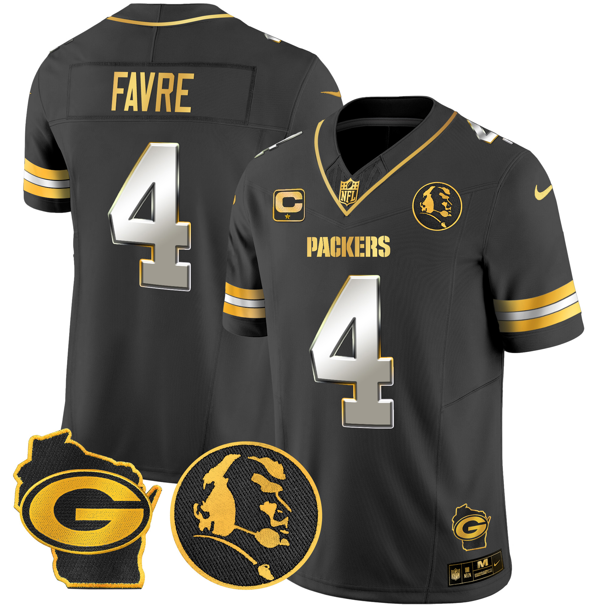 Men's Brett Favre Green Bay Packers John Madden & Home Patch Gold Vapor Limited Black Limited Jersey - All Stitched