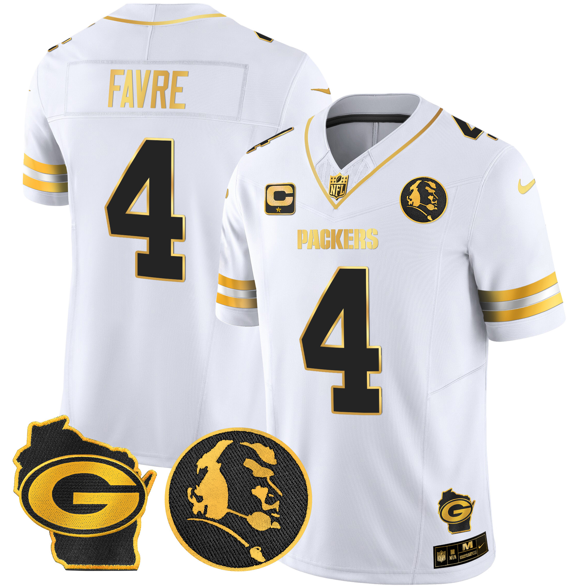 Men's Brett Favre Green Bay Packers John Madden & Home Patch Gold Vapor Limited White Gold Jersey - All Stitched
