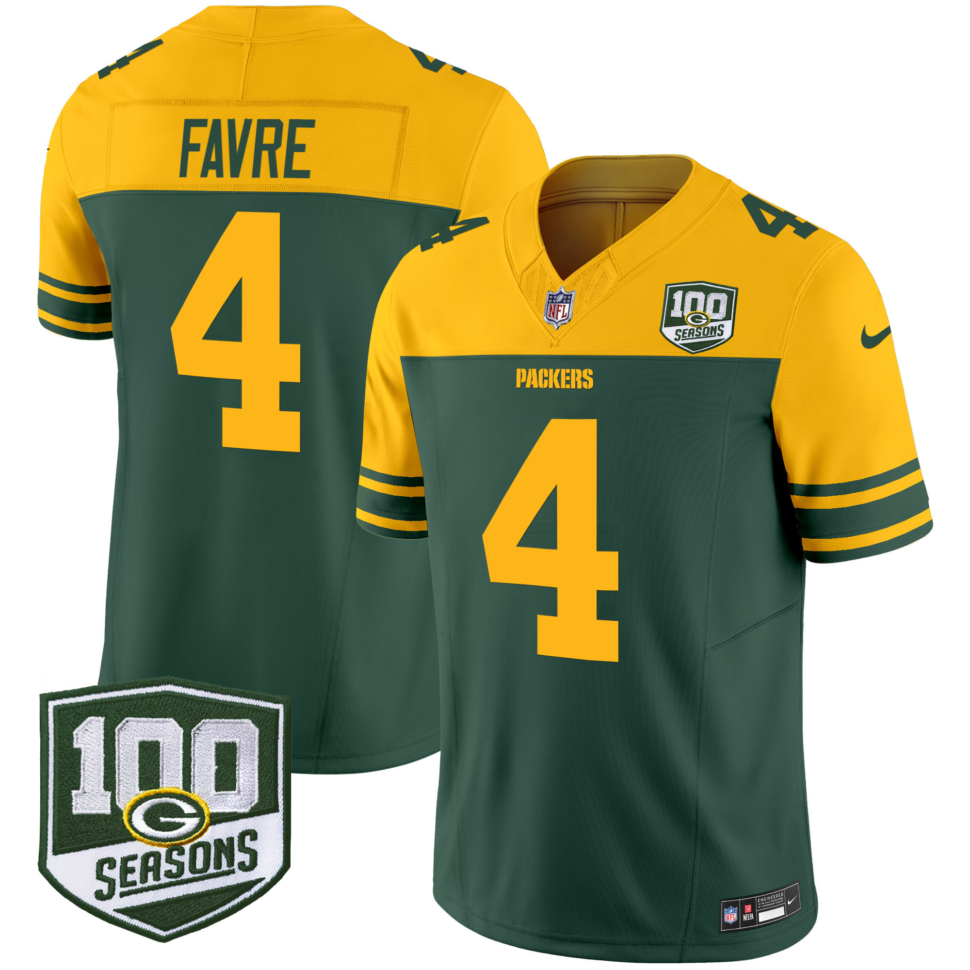 Men's Brett Favre Green Bay Packers Throwback 100th Season Patch Vapor Limited Green Jersey - All Stitched
