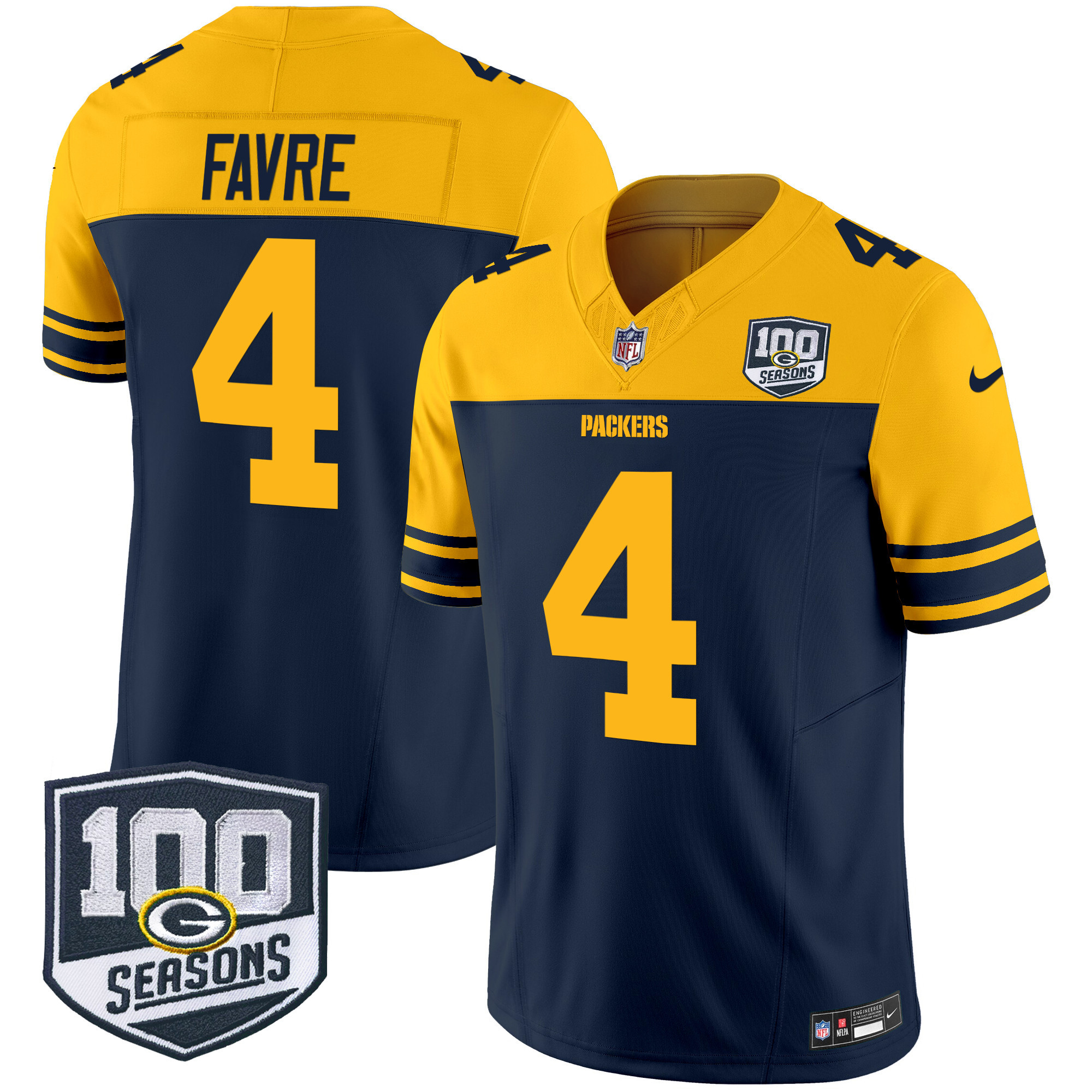 Men's Brett Favre Green Bay Packers Throwback 100th Season Patch Vapor Limited Navy Jersey - All Stitched