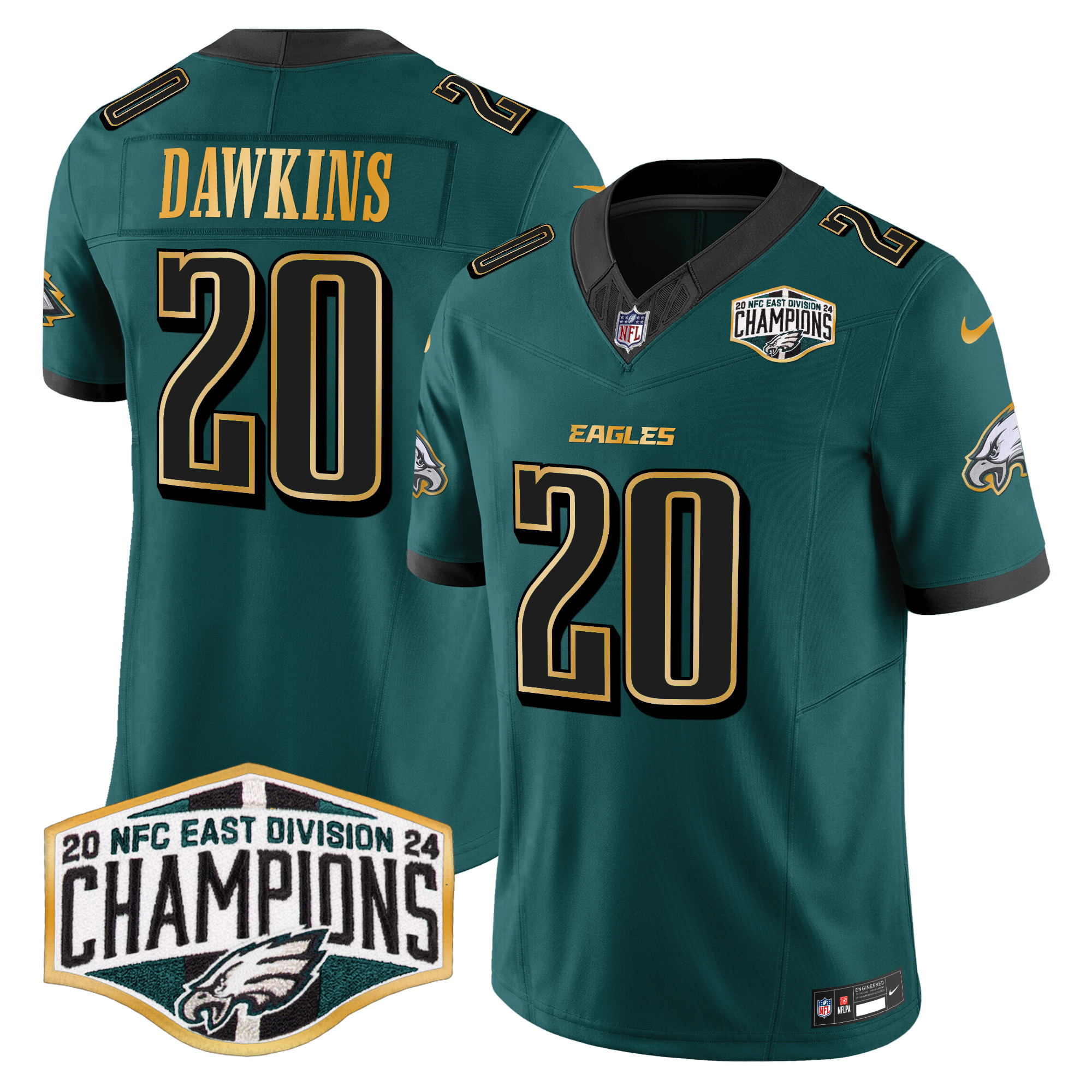 Men's Brian Dawkins Philadelphia Eagles 2024 NFC East Division Champions Gold Trim Vapor Limited Midnight Green Jersey - All Stitched