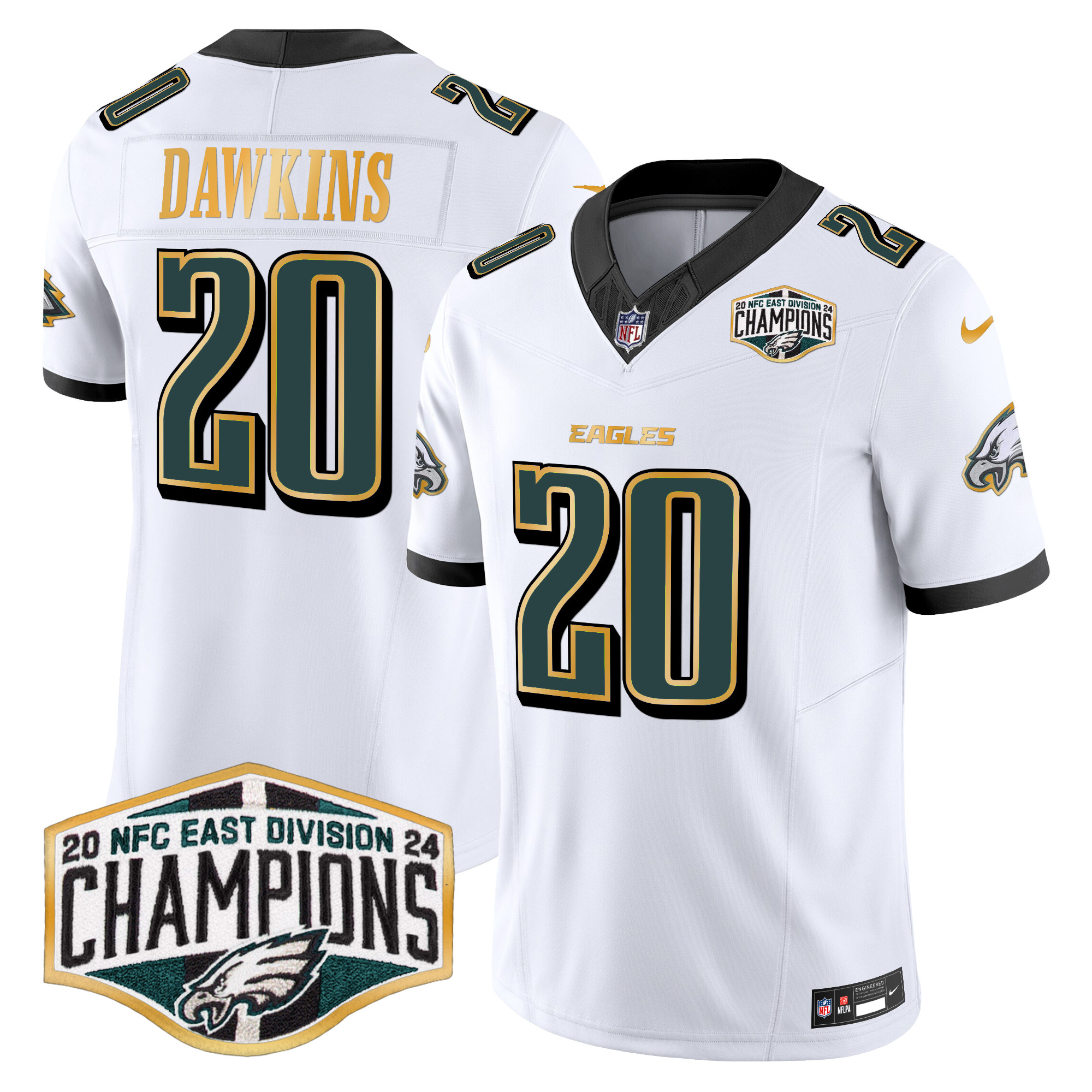 Men's Brian Dawkins Philadelphia Eagles 2024 NFC East Division Champions Gold Trim Vapor Limited White Jersey - All Stitched