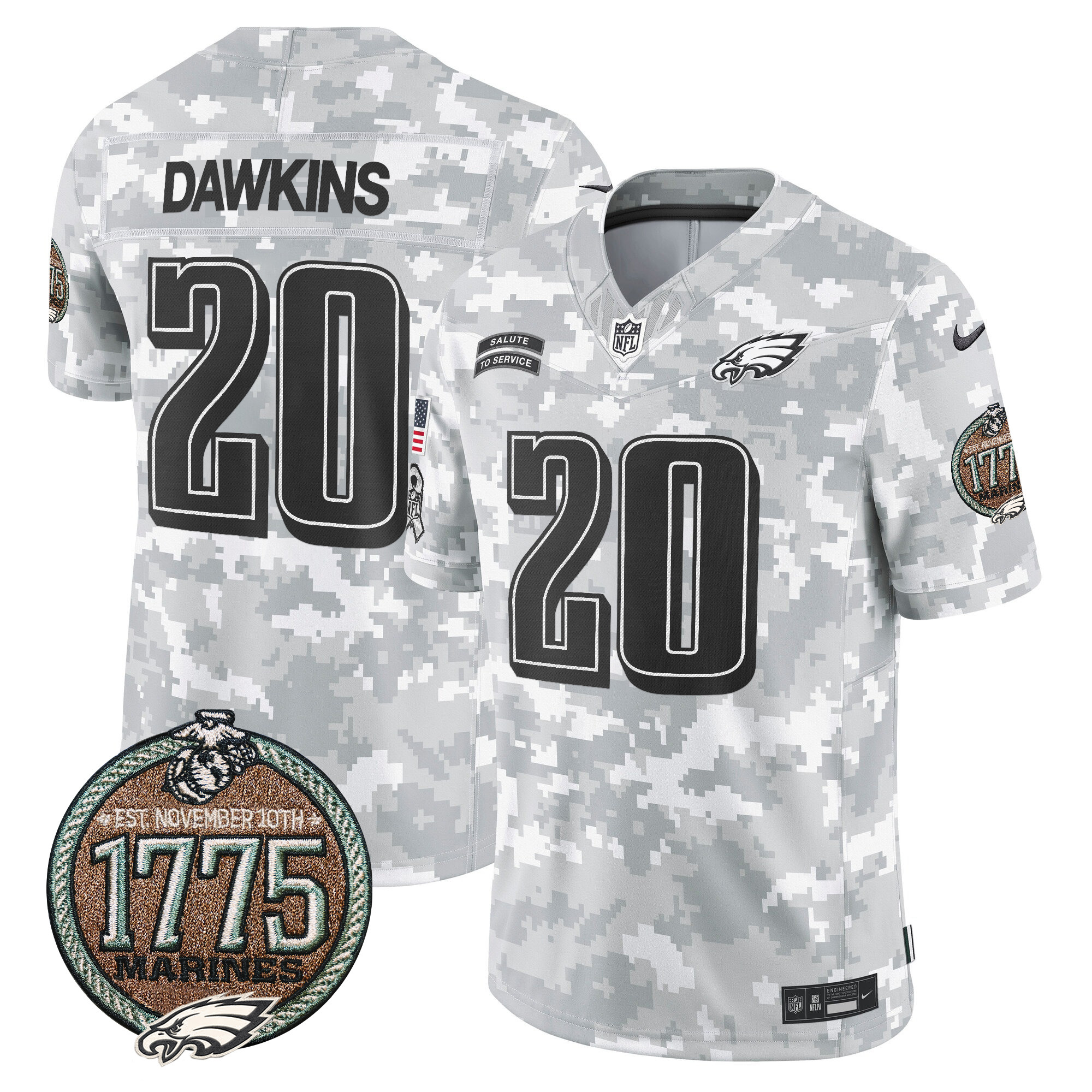 Men's Brian Dawkins Philadelphia Eagles 2024 Salute to Service Establishment Year Patch Vapor Limited Marines Jersey - All Stitched