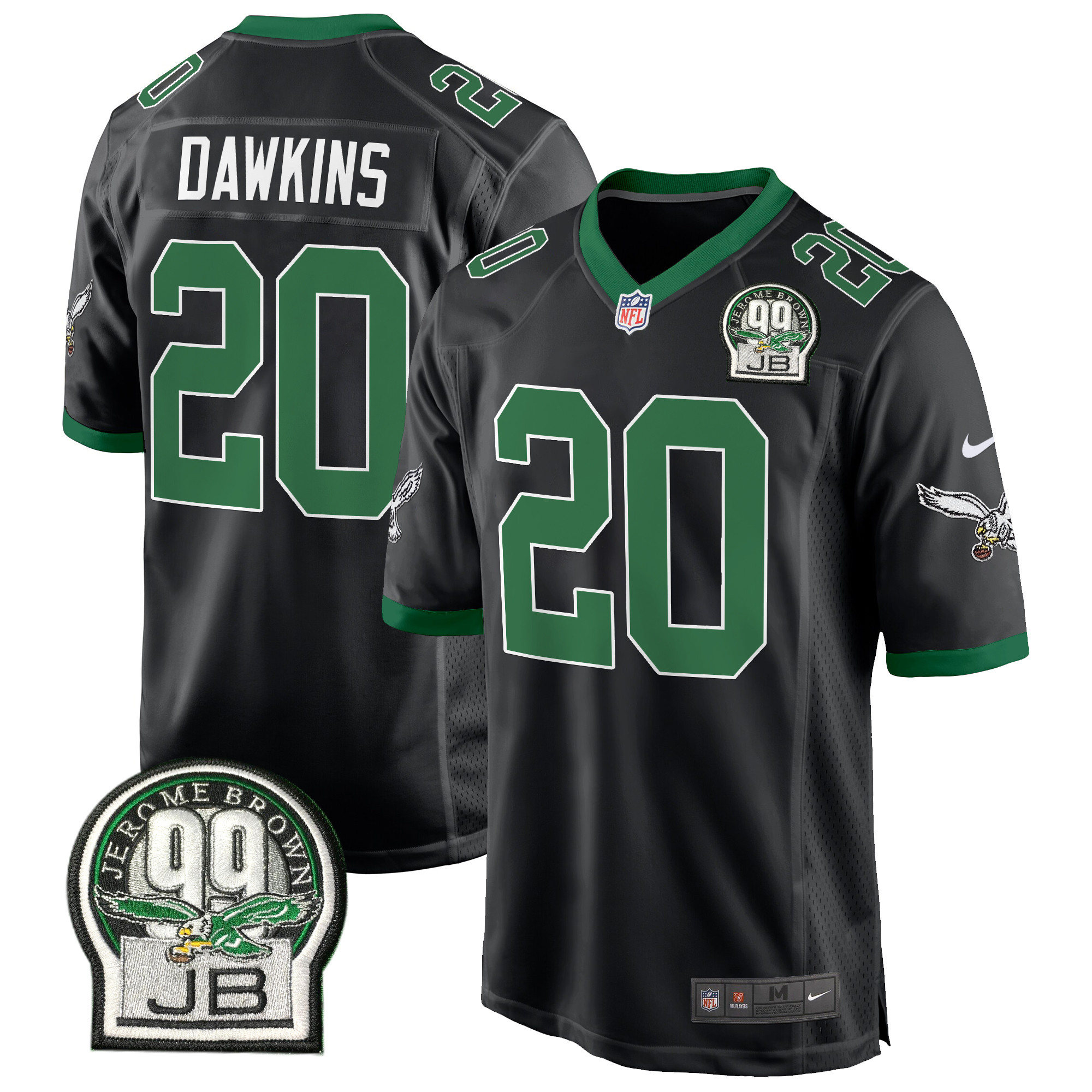 Men's Brian Dawkins Philadelphia Eagles Jerome Brown Patch Kelly Green Game Black Jersey - All Stitched