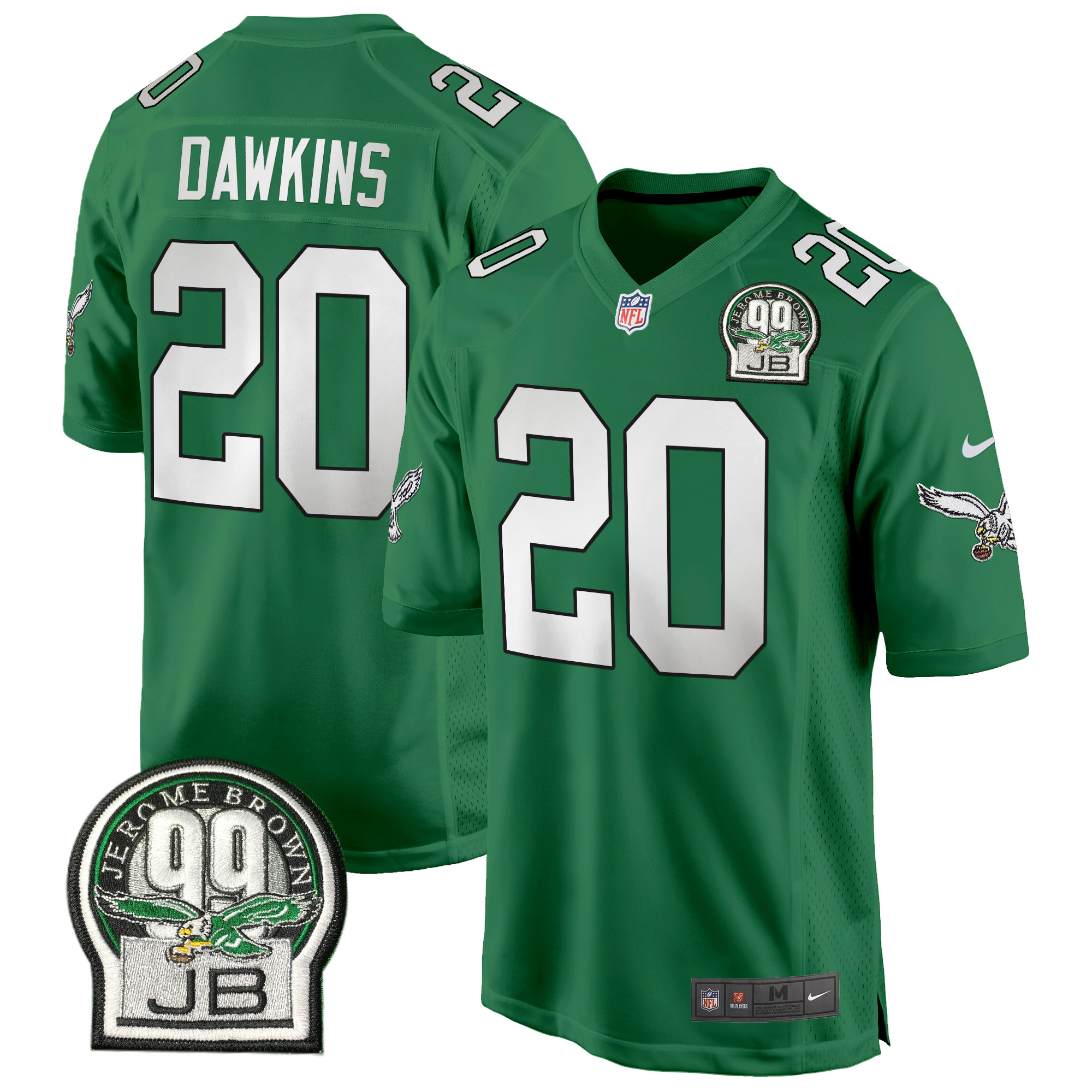 Men's Brian Dawkins Philadelphia Eagles Jerome Brown Patch Kelly Green Game Kelly Green Jersey - All Stitched