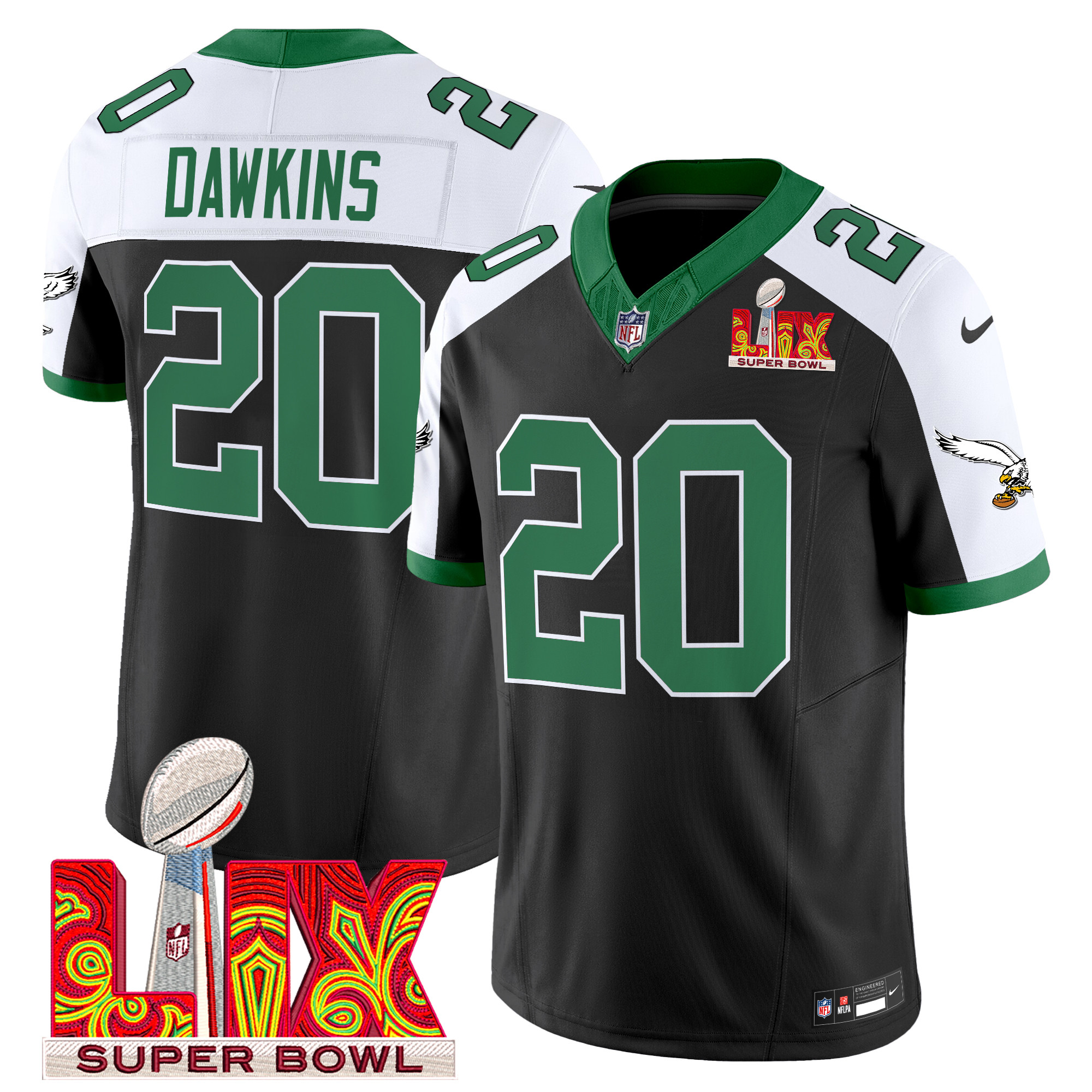 Men's Brian Dawkins Philadelphia Eagles Kelly Green Super Bowl LIX Patch Vapor Limited Black Alternate Jersey - All Stitched