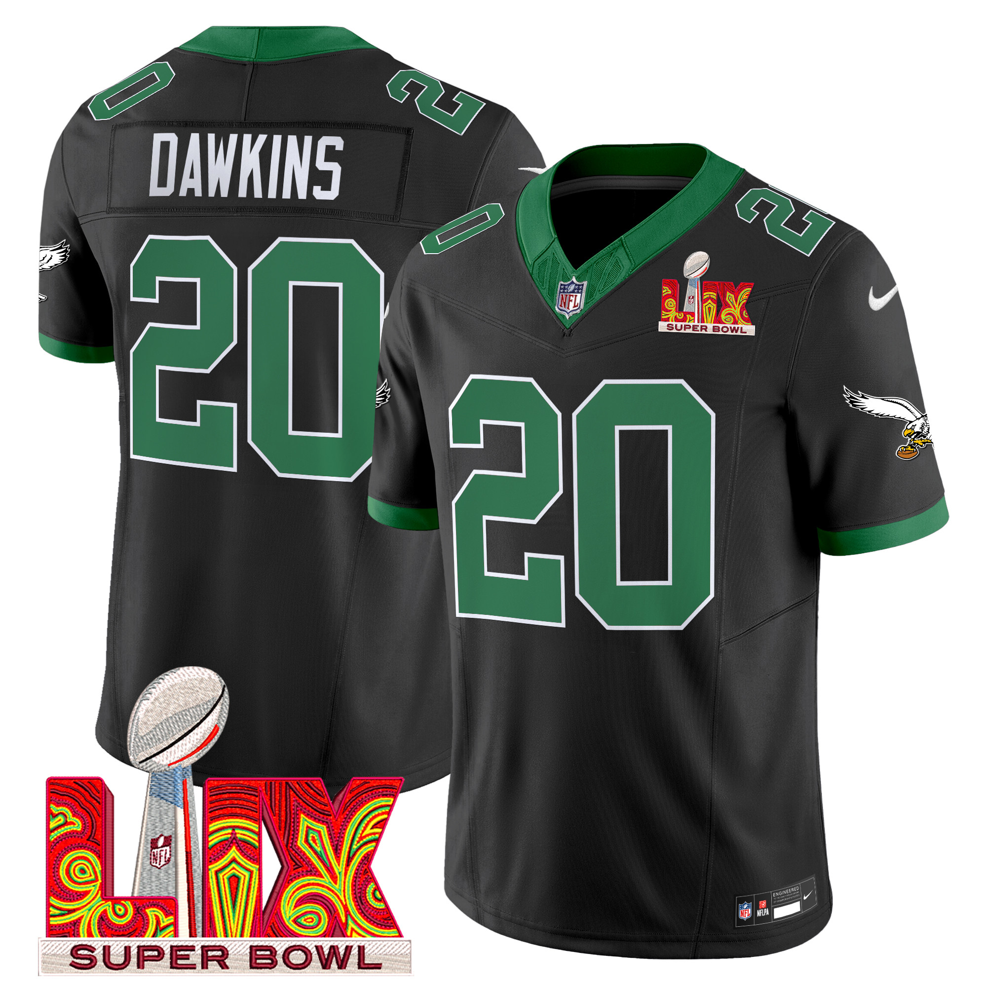 Men's Brian Dawkins Philadelphia Eagles Kelly Green Super Bowl LIX Patch Vapor Limited Black Jersey - All Stitched