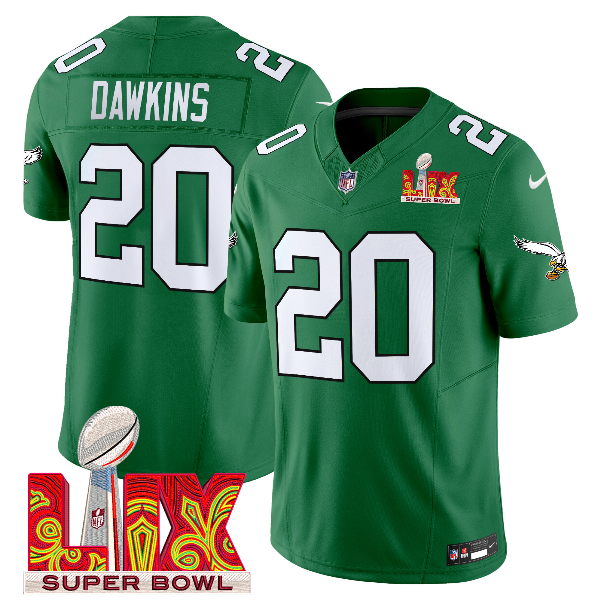 Men's Brian Dawkins Philadelphia Eagles Kelly Green Super Bowl LIX Patch Vapor Limited Kelly Green Jersey - All Stitched
