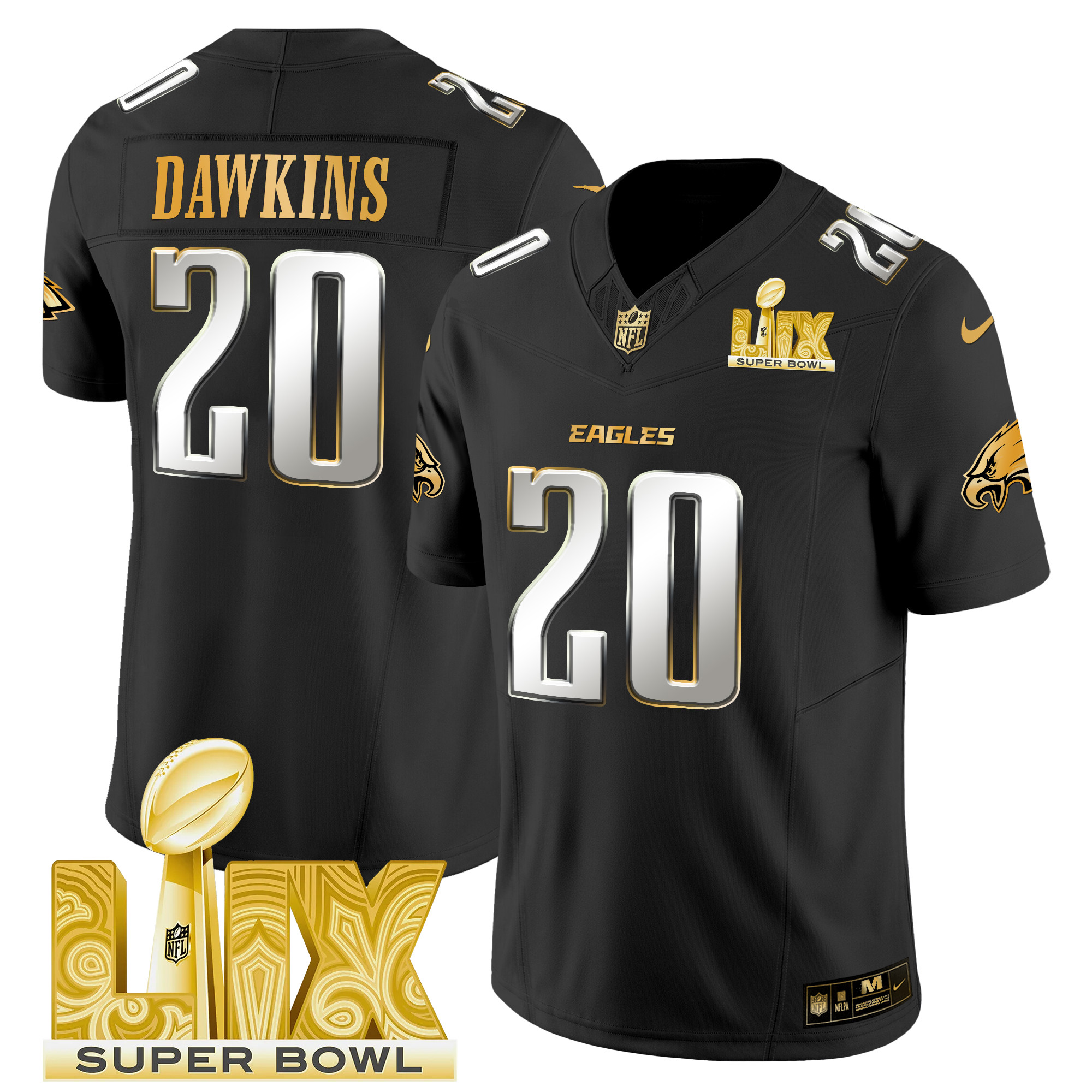 Men's Brian Dawkins Philadelphia Eagles Super Bowl LIX Patch Gold Vapor Limited Black Limited Jersey - All Stitched