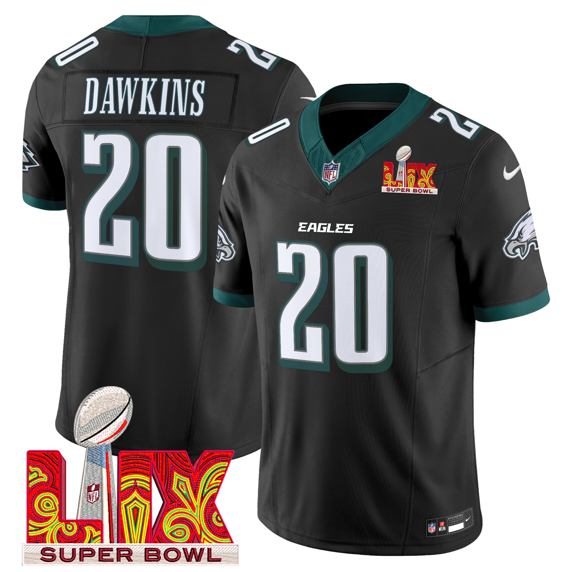 Men's Brian Dawkins Philadelphia Eagles Super Bowl LIX Patch Vapor Limited Black Jersey - All Stitched
