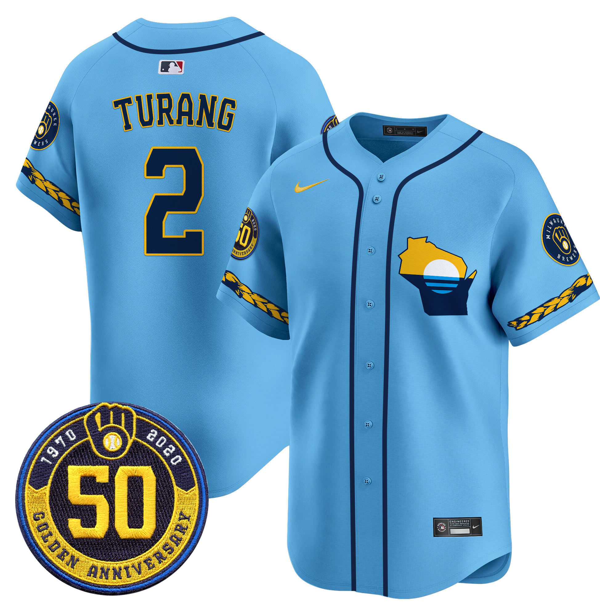 Men's Brice Turang Milwaukee Brewers Golden 50th Anniversary Patch Vapor Premier Limited Blue Jersey - All Stitched