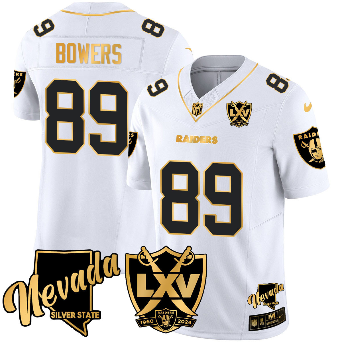 Men's Brock Bowers Las Vegas Raiders 2024 Gold Vapor Limited White Gold Jersey - 65th Anniversary - All Stitched
