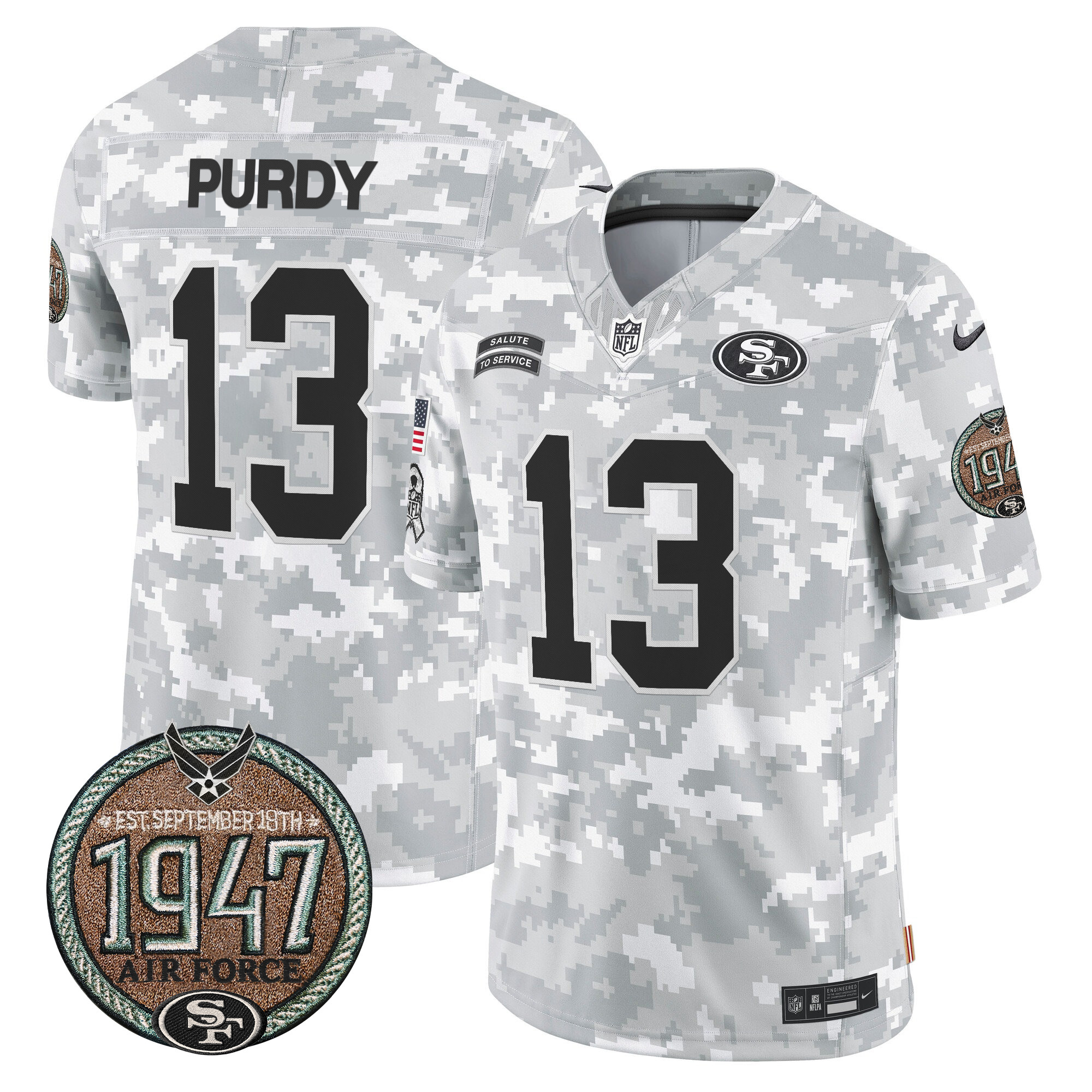 Men's Brock Purdy San Francisco 49ers 2024 Salute to Service Establishment Year Patch Vapor Limited Air Force Jersey - All Stitched