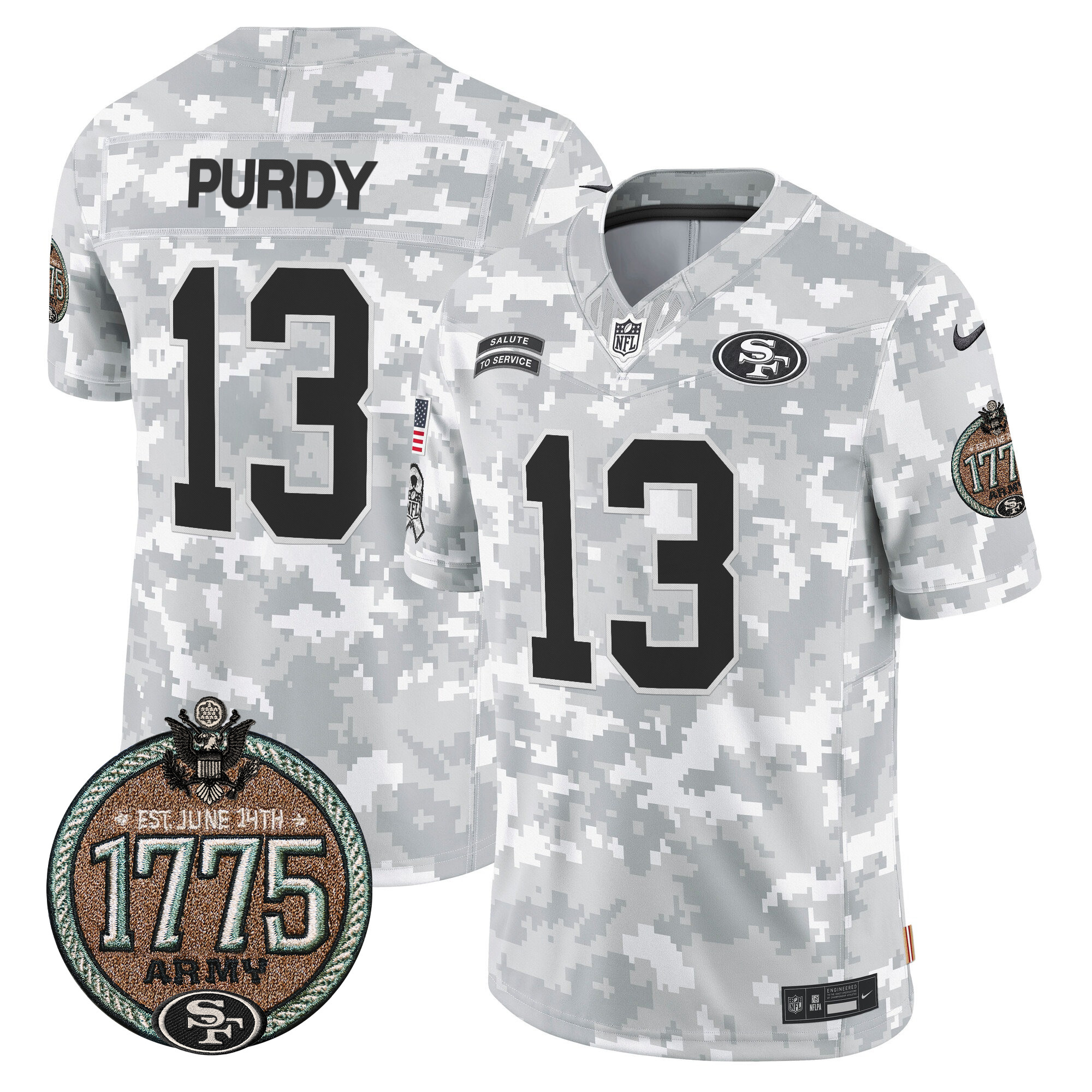 Men's Brock Purdy San Francisco 49ers 2024 Salute to Service Establishment Year Patch Vapor Limited Army Jersey - All Stitched