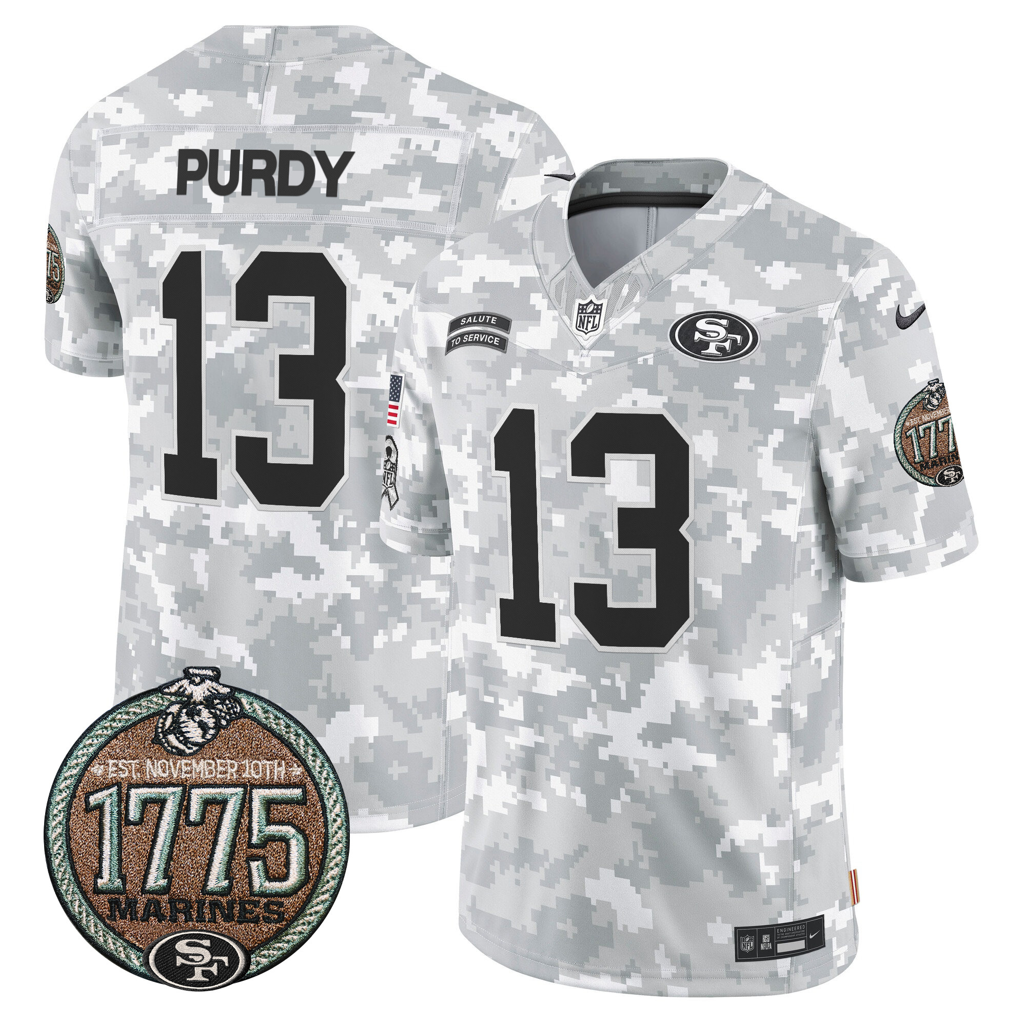 Men's Brock Purdy San Francisco 49ers 2024 Salute to Service Establishment Year Patch Vapor Limited Marines Jersey - All Stitched