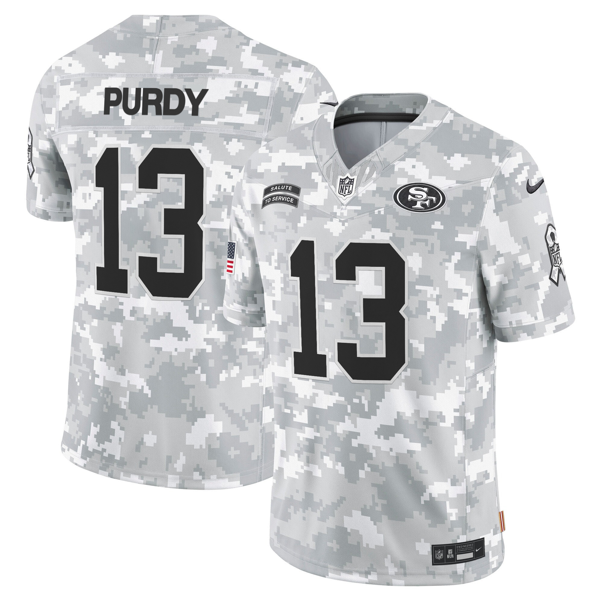 Men's Brock Purdy San Francisco 49ers 2024 Salute to Service Vapor Limited Arctic Camo Jersey - All stitched