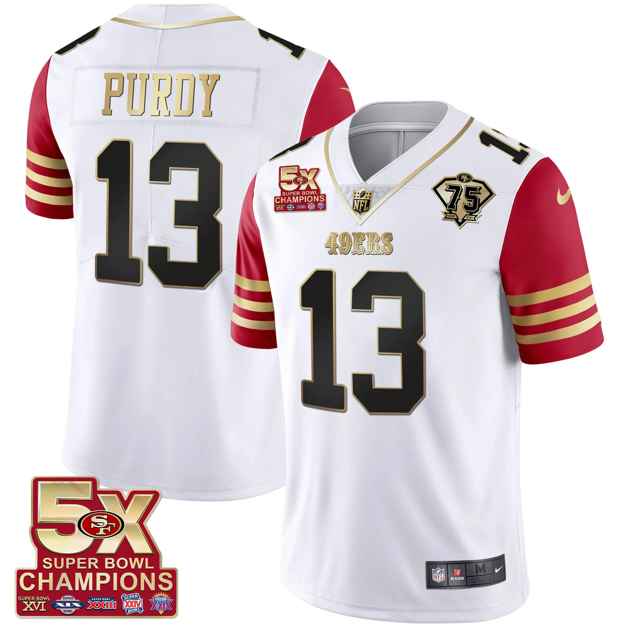 Men's Brock Purdy San Francisco 49ers 5x Super Bowl Patch Black Red Vapor Red Sleeve Jersey - Stitched