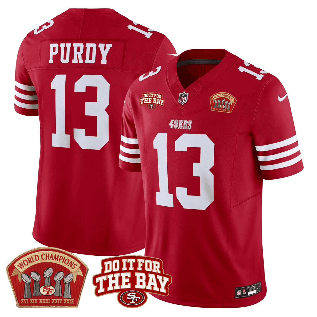 Men's Brock Purdy San Francisco 49ers 5x World Champions & "Do It For The Bay" Patch Limited Red Jersey - All Stitched